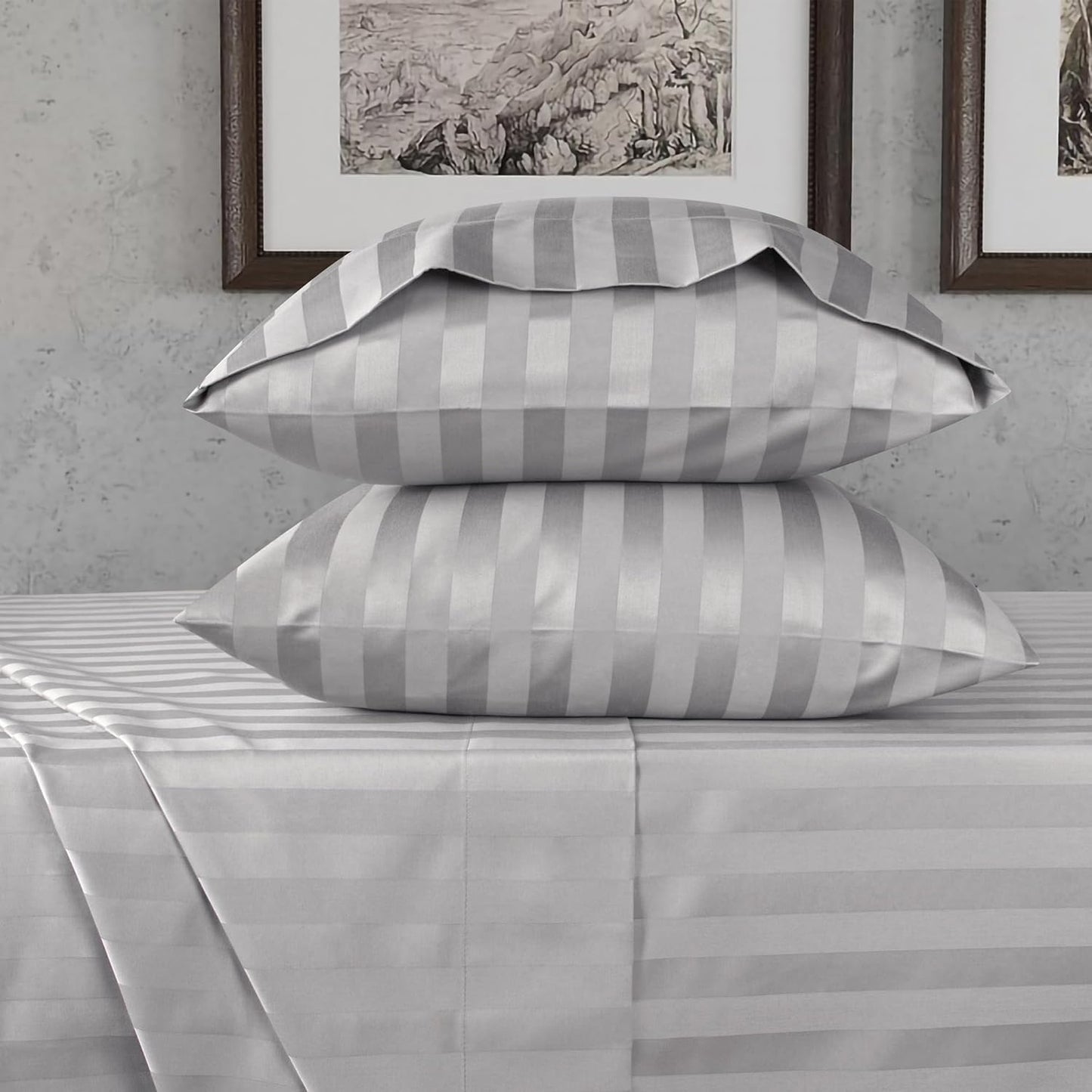 URBANHUT 1000 Thread Count Egyptian Cotton Sheets Damask Striped Twin Size, Breathable Long Staple, 4 Pc Bed Sheet Sets, Luxury Hotel Sateen Sheets Fits 16" Deep Pocket - Silver Grey