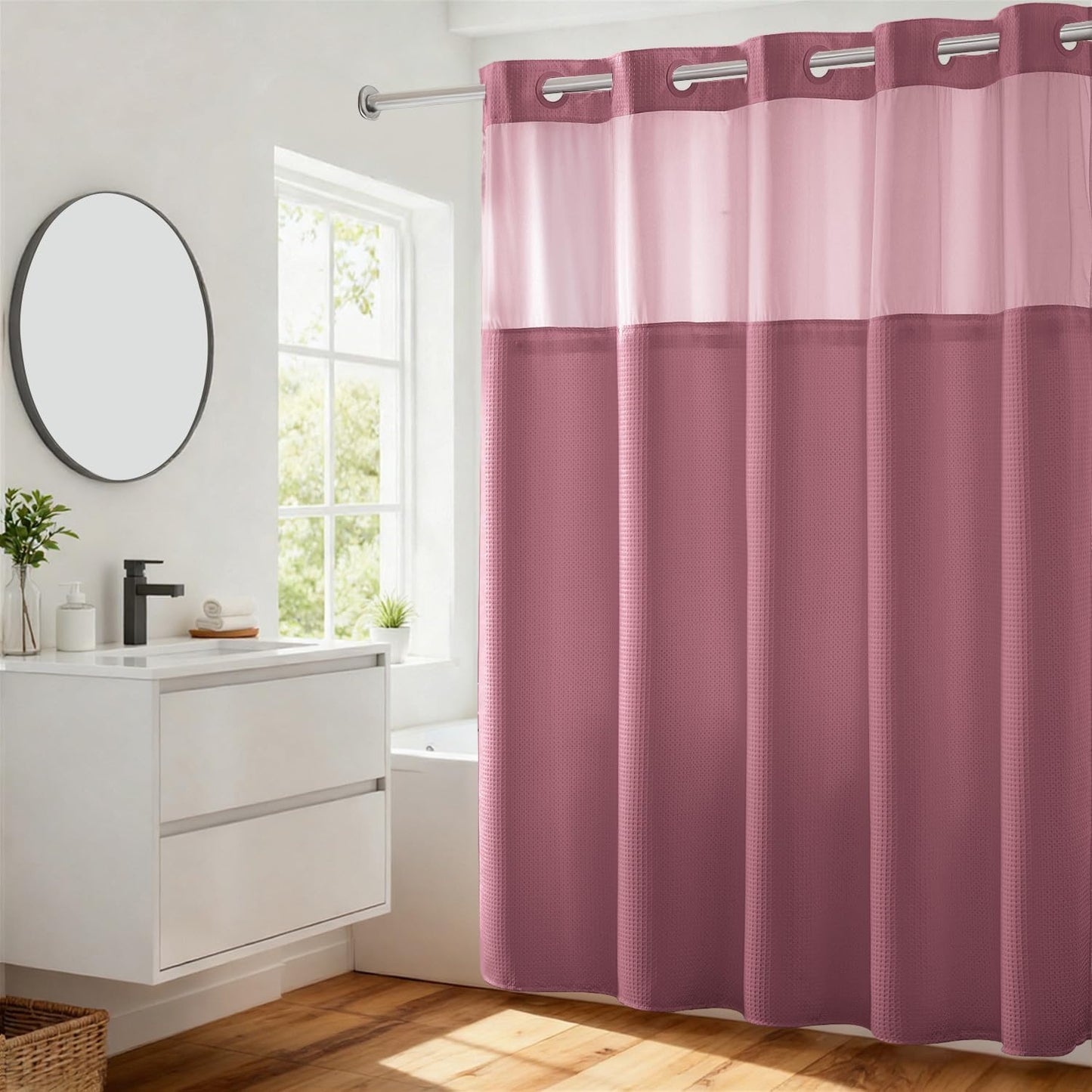River Dream Heavyweight No Hooks Required Dotted Waffle Weave Shower Curtain with Snap in Liner - 71W x 74H,Hotel Grade,Spa Like Bath Curtain,Pale Mauve