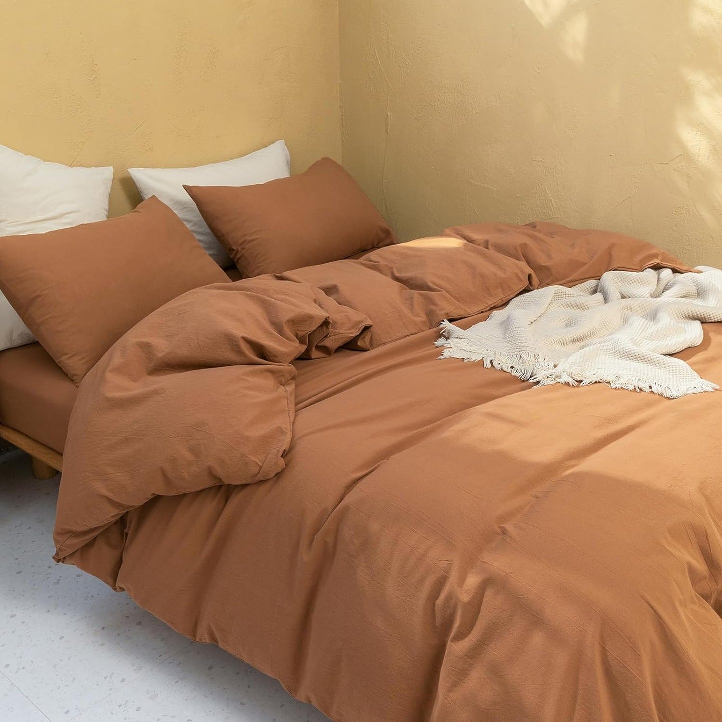 FOSSA Duvet Cover Set 100% Washed Cotton Linen Feel Super Soft Breathable Cozy Simple Style 3 Pieces Bedding Sets Solid Dark Orange Twin/Twin XL