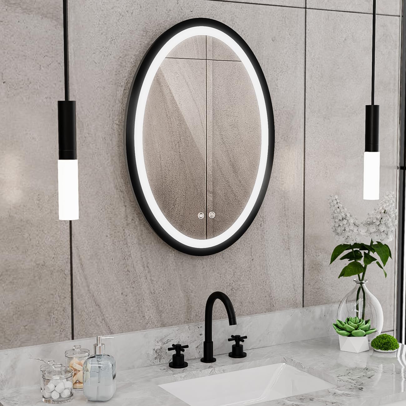 DreamLine Brilliance 28 in. H x 20 in. W Oval Light-up Mirror, Matte Black