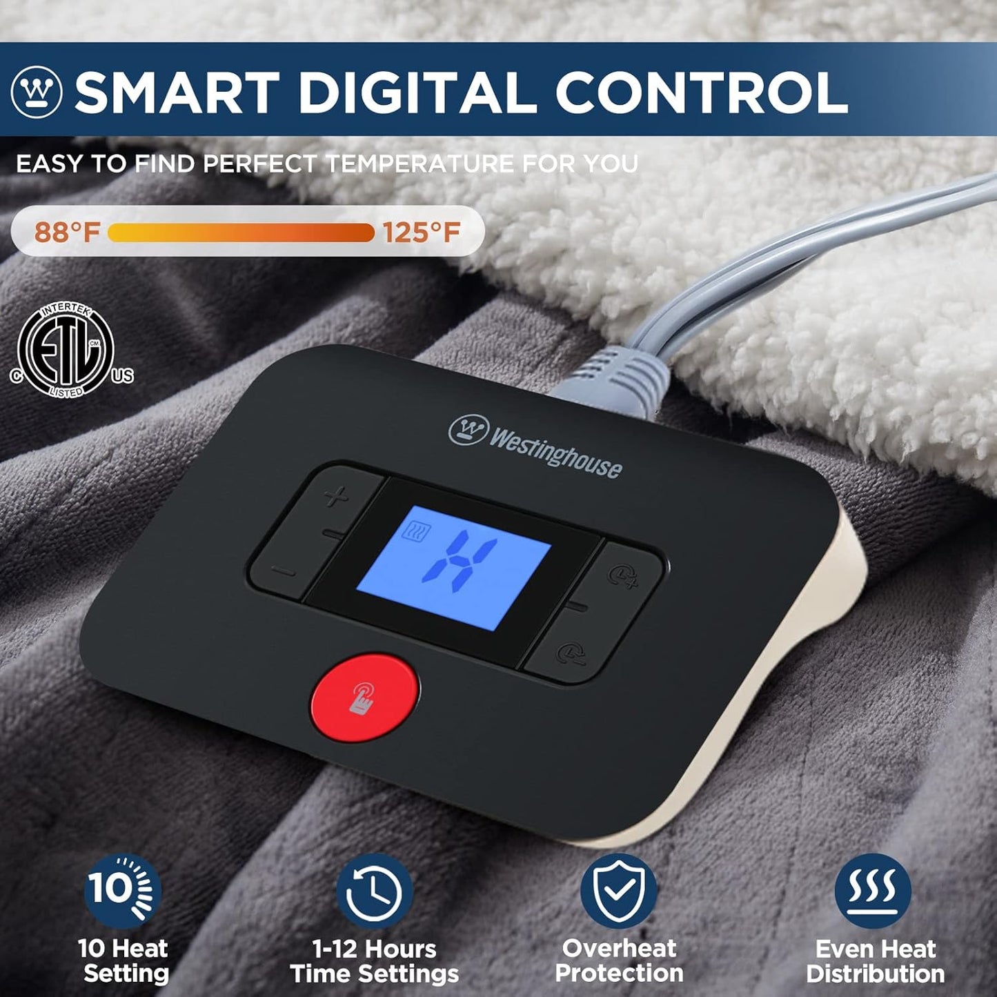 Westinghouse Electric Blanket Twin, Heated Blanket Twin Size with 10 Heating Levels and 1 to 12 Hours Heating Time Settings, Flannel to Sherpa Reversible, Machine Washable (62" x 84", Charcoal)
