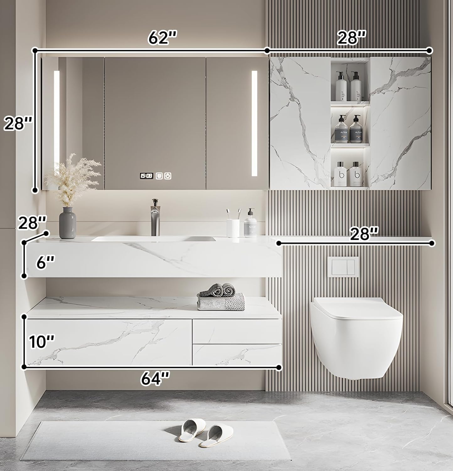 Floating Bathroom Vanity with Sink, Solid Wood Bathroom Vanity Set, Smart Defogging Mirror & Induction Side Cabinet & Large Storage - Elegant Bathroom Vanities (White,64IN)