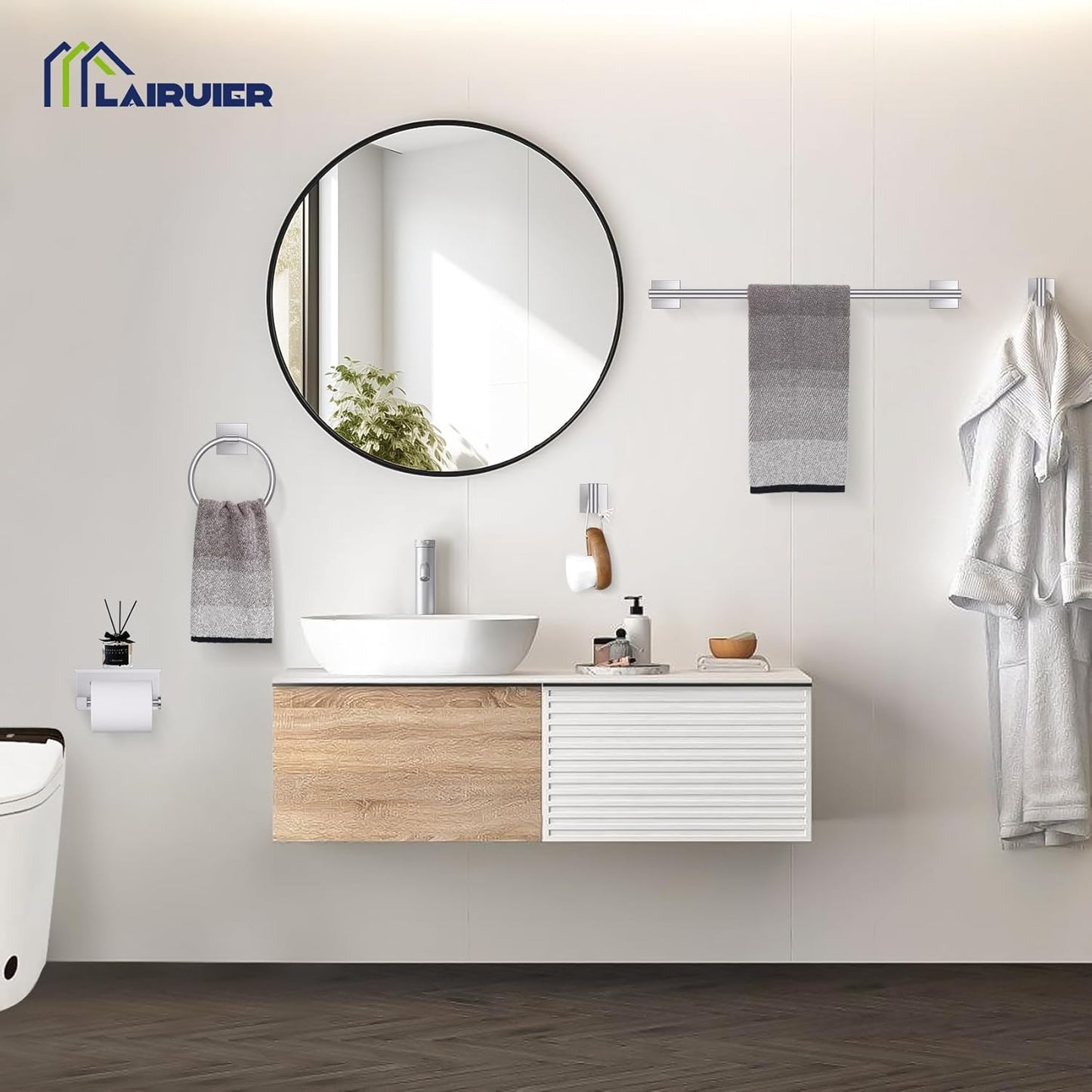 5-Piece Brushed Nickel Bathroom Hardware Set, SUS304 Stainless Steel Bathroom Accessories Set 23.6 inches Towel Bar, Toilet Paper Holder with Shelf, Towel Ring and Two Towel Hooks Wall-Mounted