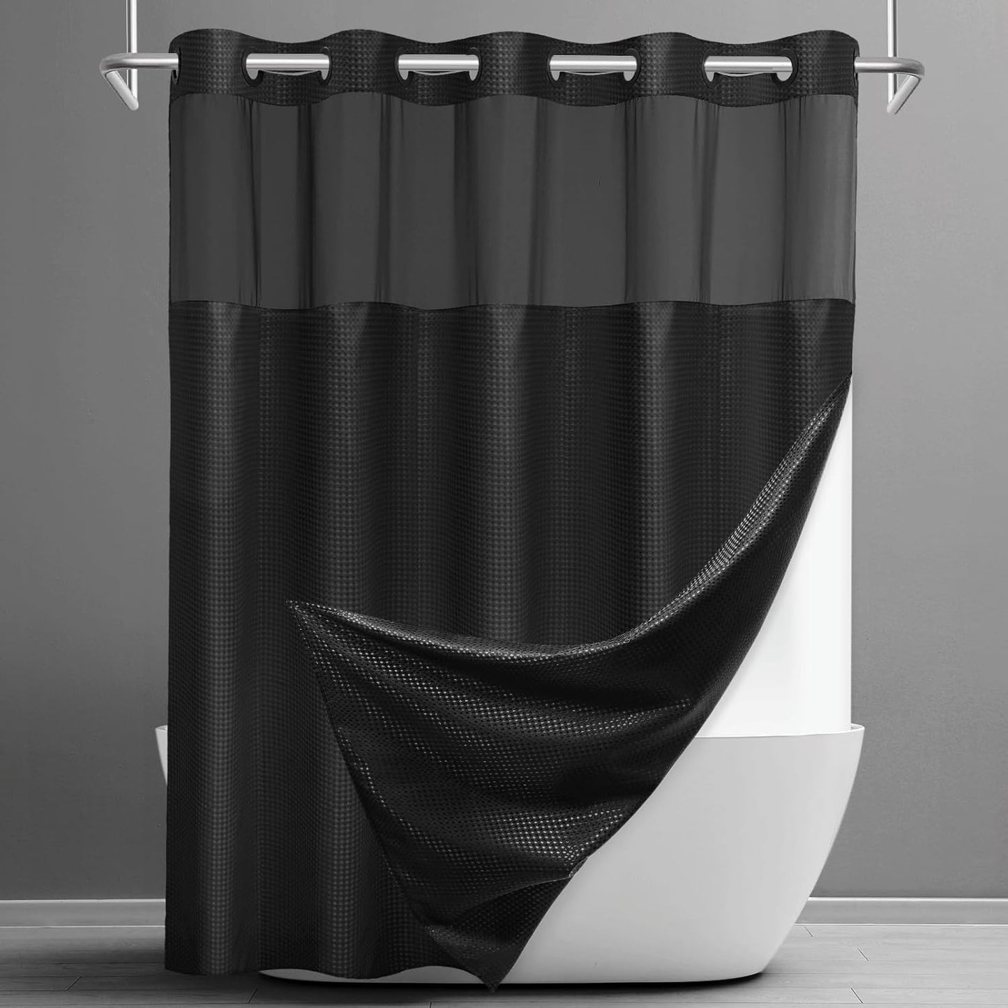 No Hook Shower Curtain with Snap in Liner Set Waffle Shower Curtain for Bathroom Hotel Style Fabric Waterproof Inner Liner，71" W x 80" H, Black