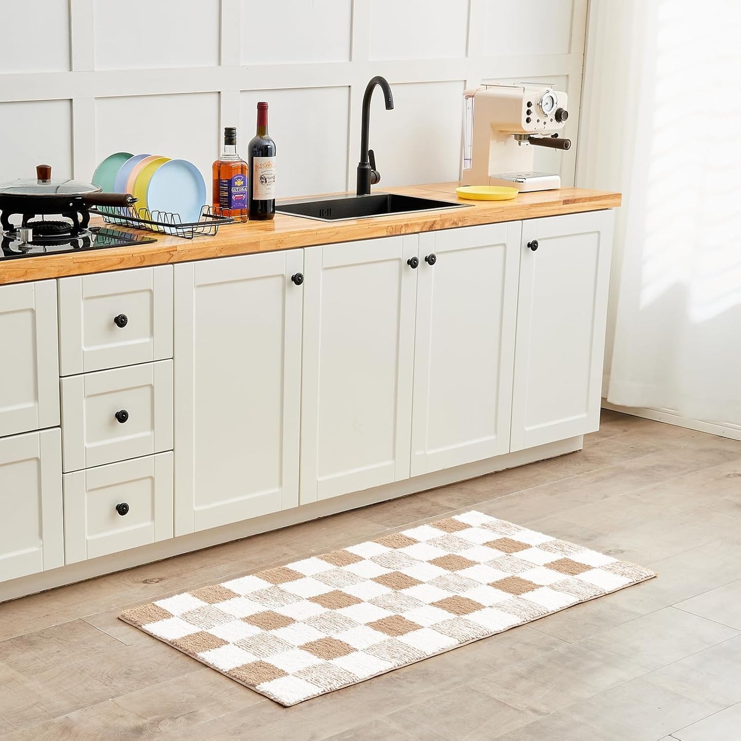 CozeCube Bath mats for Bathroom Non Slip, Fluffy Absorbent Microfiber Bath mat Washable, Aesthetic Bathroom Rugs, Long Beige Checkered Bath Runner, Beige, 59" x 24"