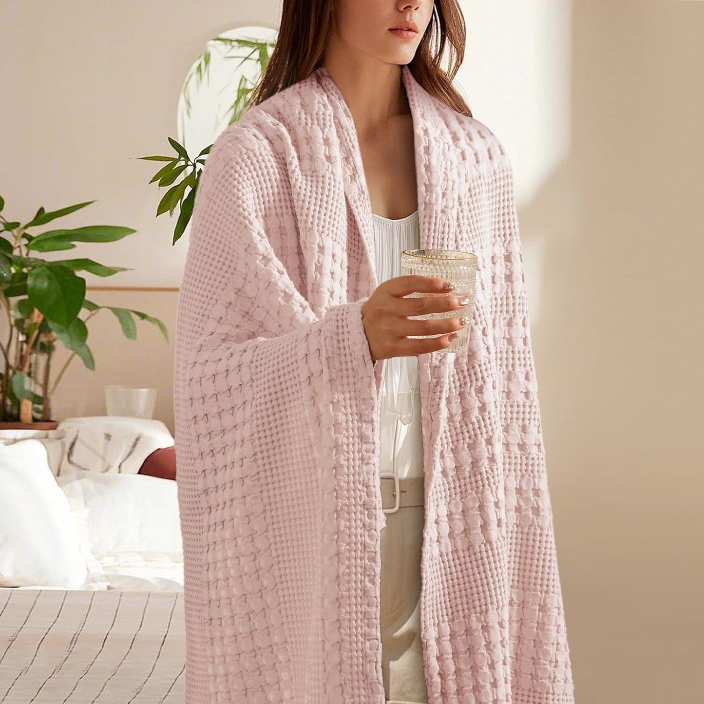 PHF 100% Cotton Waffle Weave Throw Blanket, Soft Lightweight Breathable Cozy Throws for Couch Bed Sofa, Luxury Aesthetic Woven Blanket for Home Decor & Office, 50"x60", Pink/Mauve