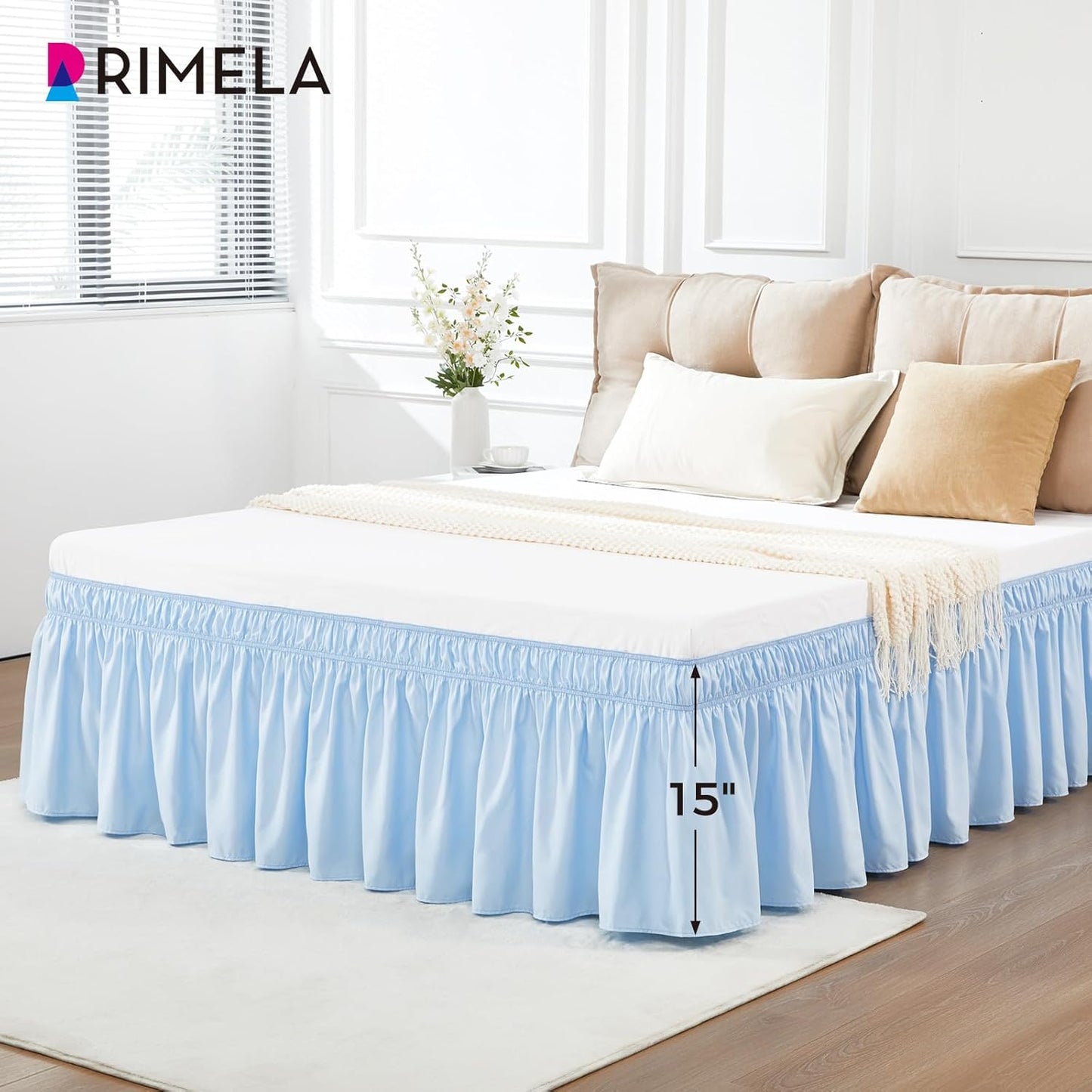 RIMELA Light Blue Bed Skirt Queen Size 15 Inch Drop, Elastic Bed Skirting for Bed Base and Frame, Bedding Dust Ruffle Easy to Install, Lightweight Wrap Around Adjustable Bedskirt
