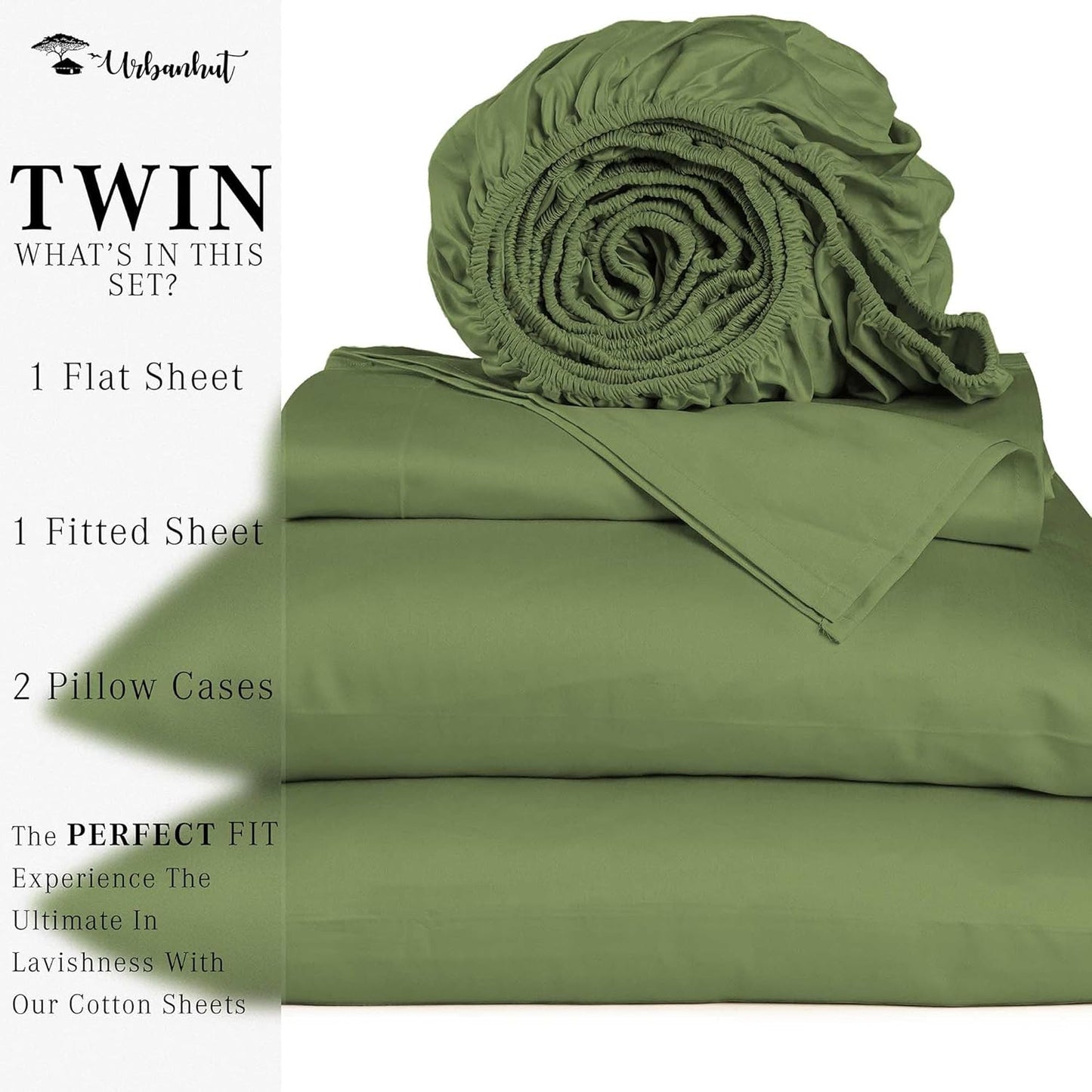 URBANHUT 700 Thread Count Egyptian Cotton Twin Sheets, 4Pc Sheet Set Soft Luxury Bed Sheets for Twin Size Bed, Sateen Weave Hotel Sheets, 14'' Elasticized Deep Pocket - Sage