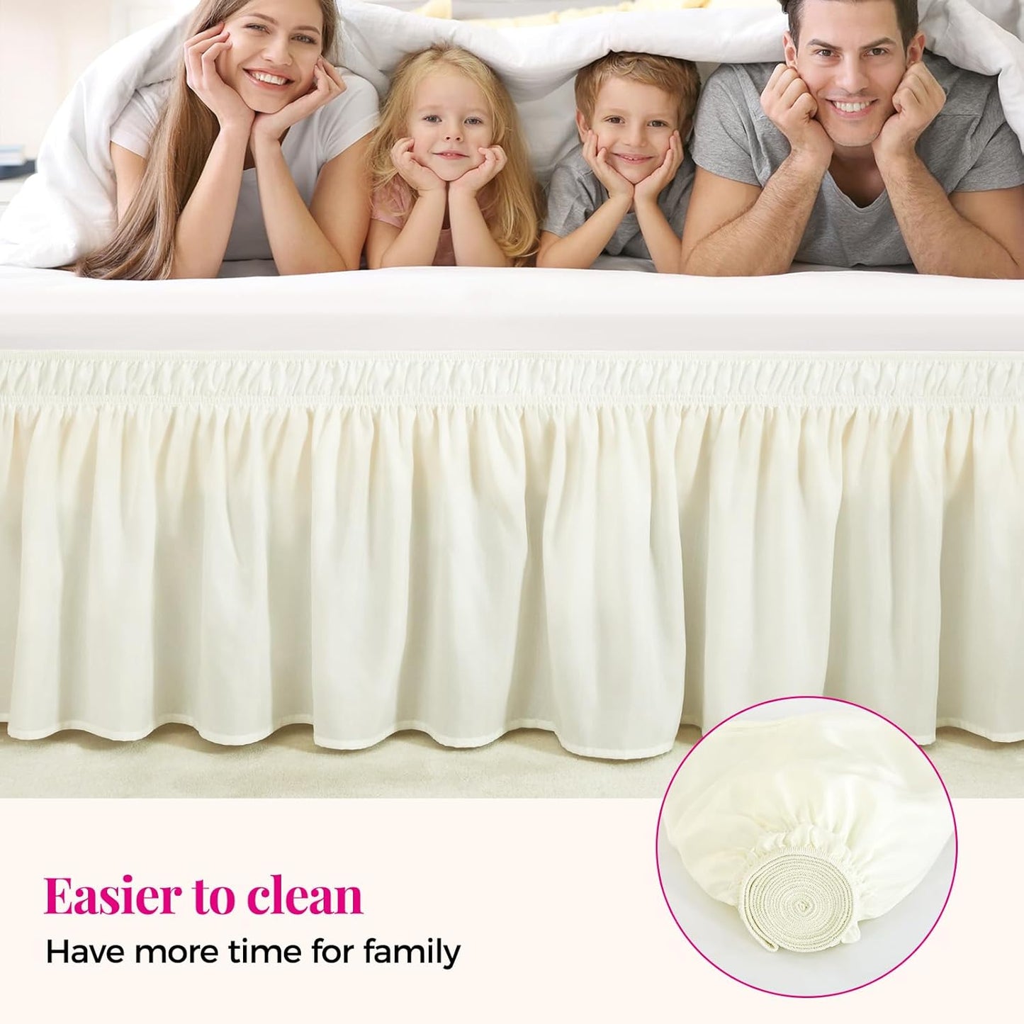 RIMELA Ivory White King Size Bed Skirt 15 Inch Drop, Elastic Bed Skirts Cal King Dust Ruffle, Bedskirt for Adjustable Bed Base Solid Fade Resistant Silky Fabric Machine Washable Easy to Install