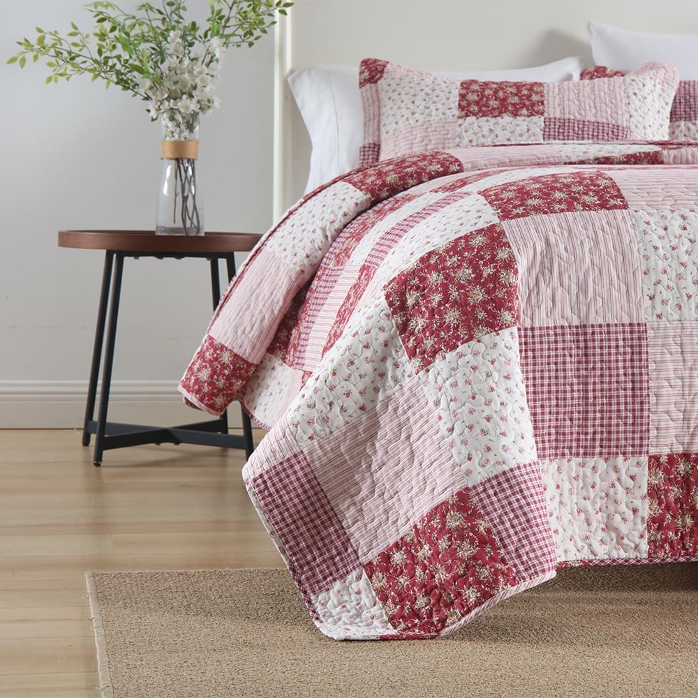 ENASAL Cotton Bedspread Quilt Bedding Sets Reversible Coverlet Sets Comforters Plaid Floral Red White Patchwork Pattern Bedspread for All Season, King Size