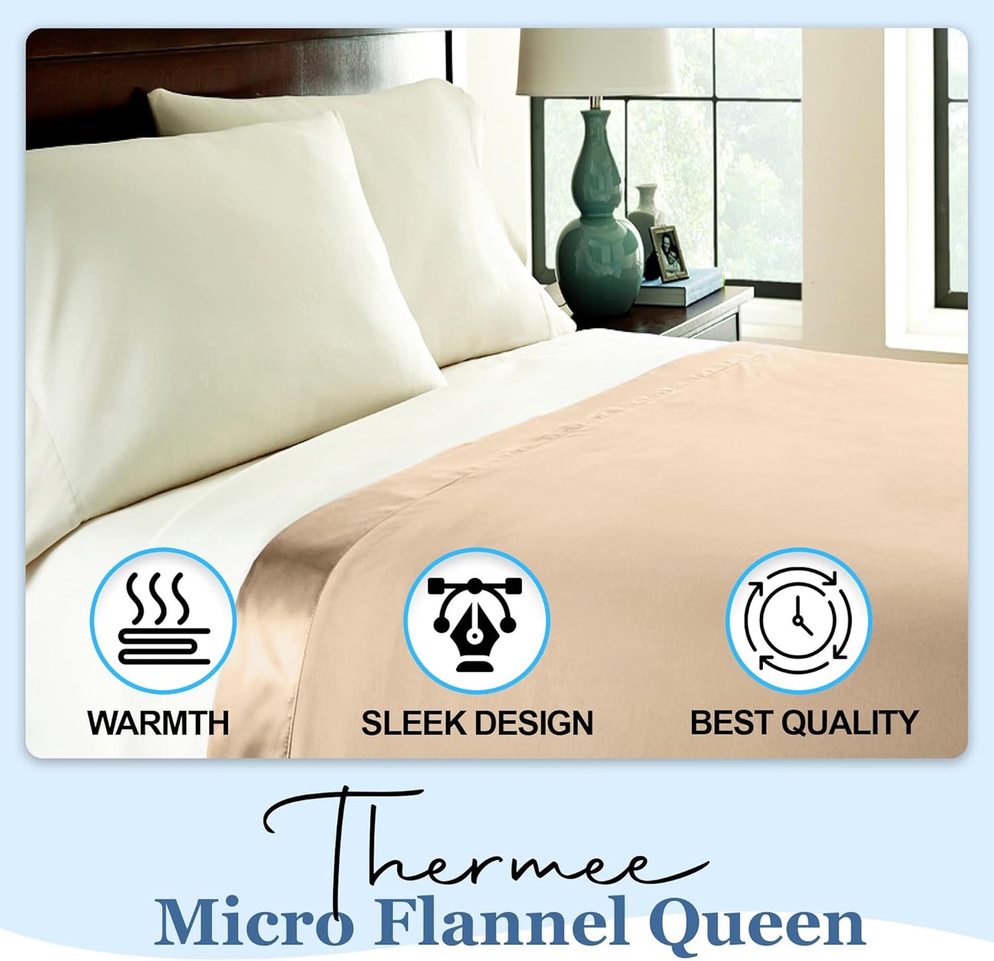 Thermee Micro Flannel Full/Queen Size Blankets, Lightweight All Seasons Cozy Blanket, Throw Blankets for Home and Living Room, Comfy & Soft Blanket for Couch, Machine Wash, No Pilling - Tan