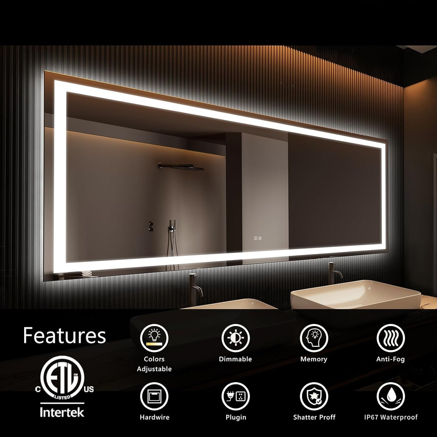 APRILSOUL 72x30 Inch LED Bathroom Mirror with Front and Backlit, Makeup Mirror with 3 Color Lights, Memory Function, Anti-Fog and Dimmable Light (Horizontal)