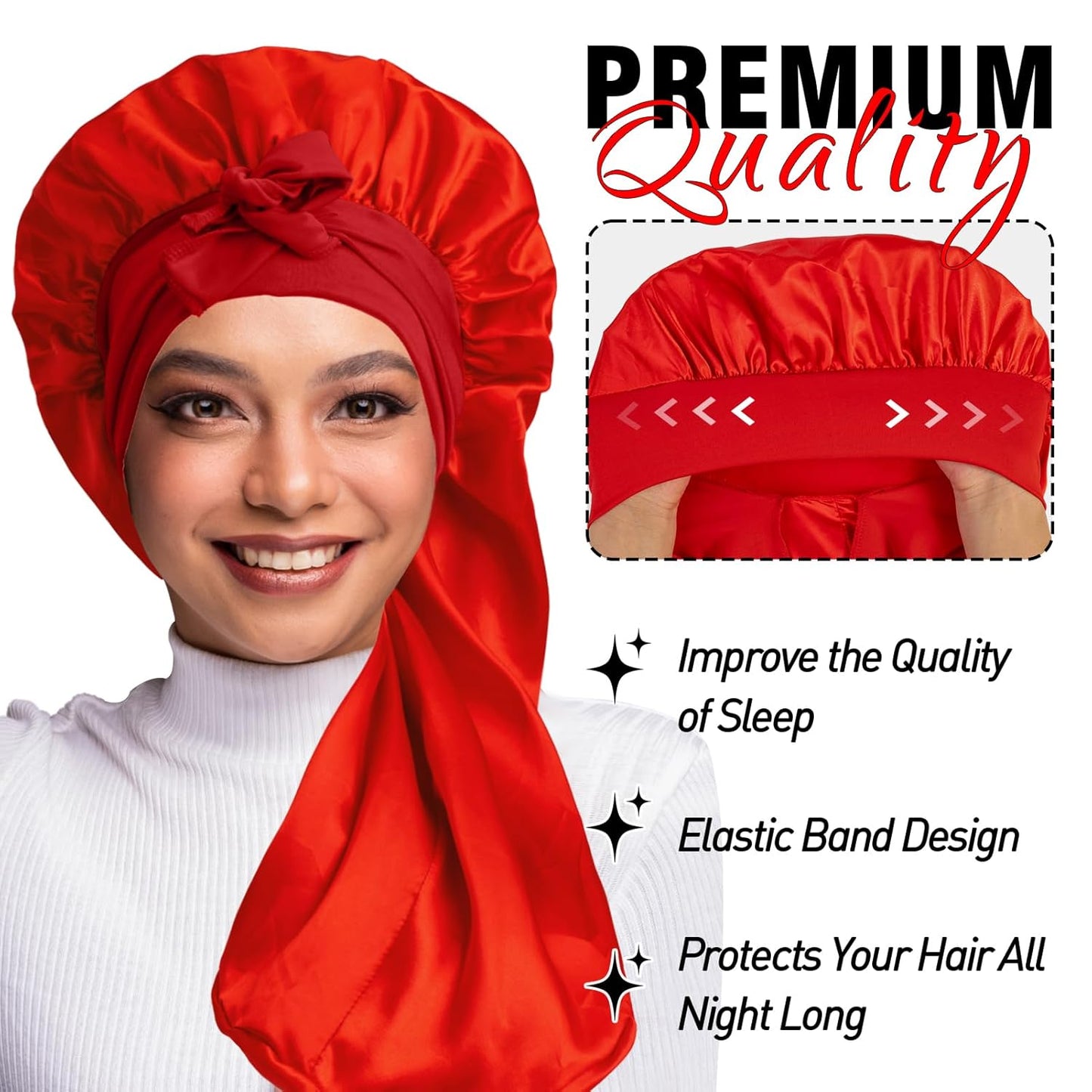 2Pcs Bonnets for Black Women Braid Bonnet, Large Long Satin Bonnet for Braids, Silk Bonnet with Stretchy Tie Band Sleep Cap Hair (2Pcs-Black&Red)
