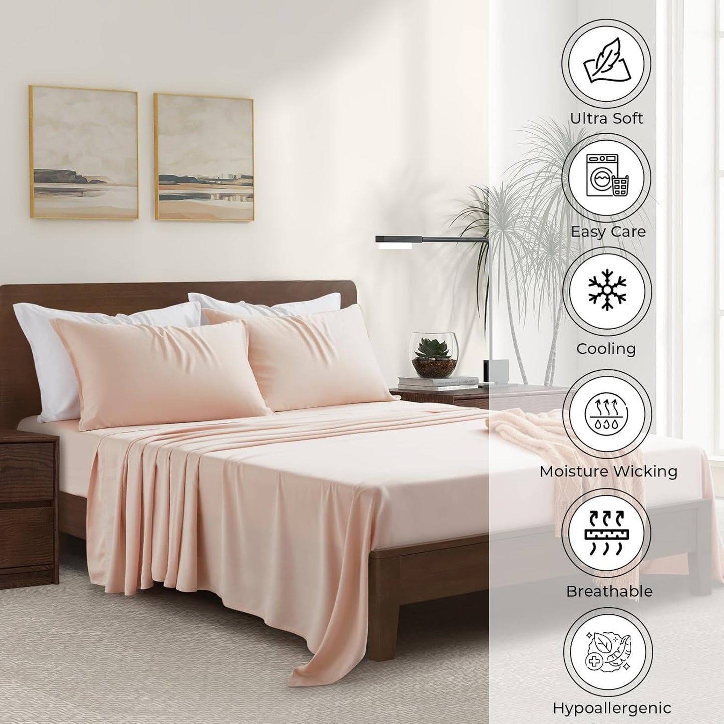 Luxury Bamboo Market | Queen Size Bed Sheet Set | 100% Viscose Made from Bamboo | Organically Grown | Ultra Soft | Cooling Sheets for Hot Sleepers | 17" Deep Pocket [Vintage Pink]