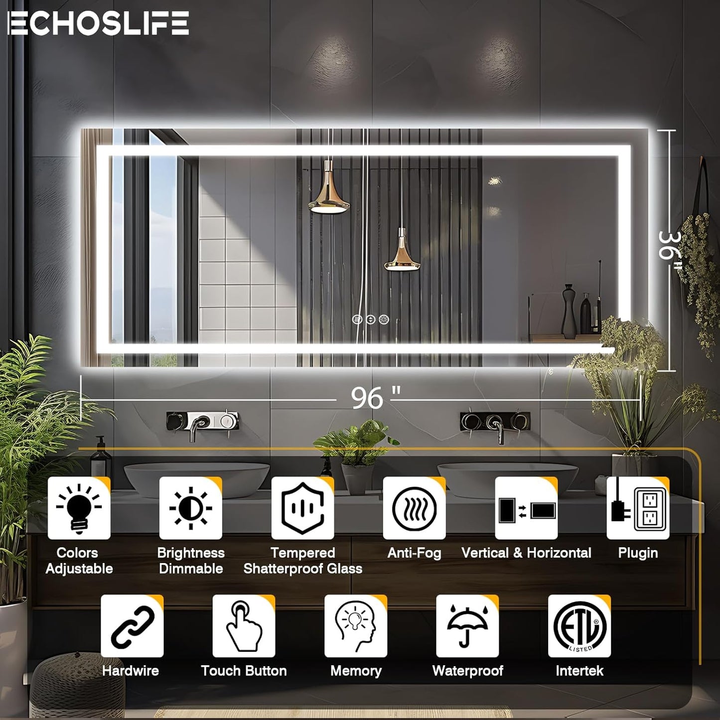 96"x36" Large LED Bathroom Mirror with Lights (Front and Backlit), Anti-Fog Lighted Mirror for Wall, Stepless Dimmable Lighted Mirror, 3 Colors Smart Mirror (Horizontal/Vertical)