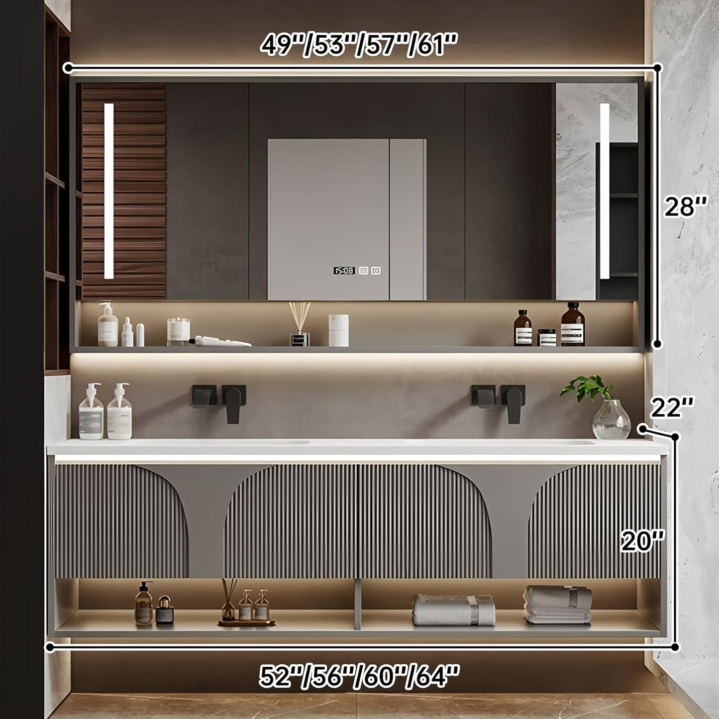 Double Bathroom Vanity with Sink, 60IN Floating Bathroom Vanity Set with LED Smart Defogging Mirror Cabinet and Open Shelf, Oak Wood Bathroom Cabinet with Two Drawers and Bottom Open Storage (Grey)