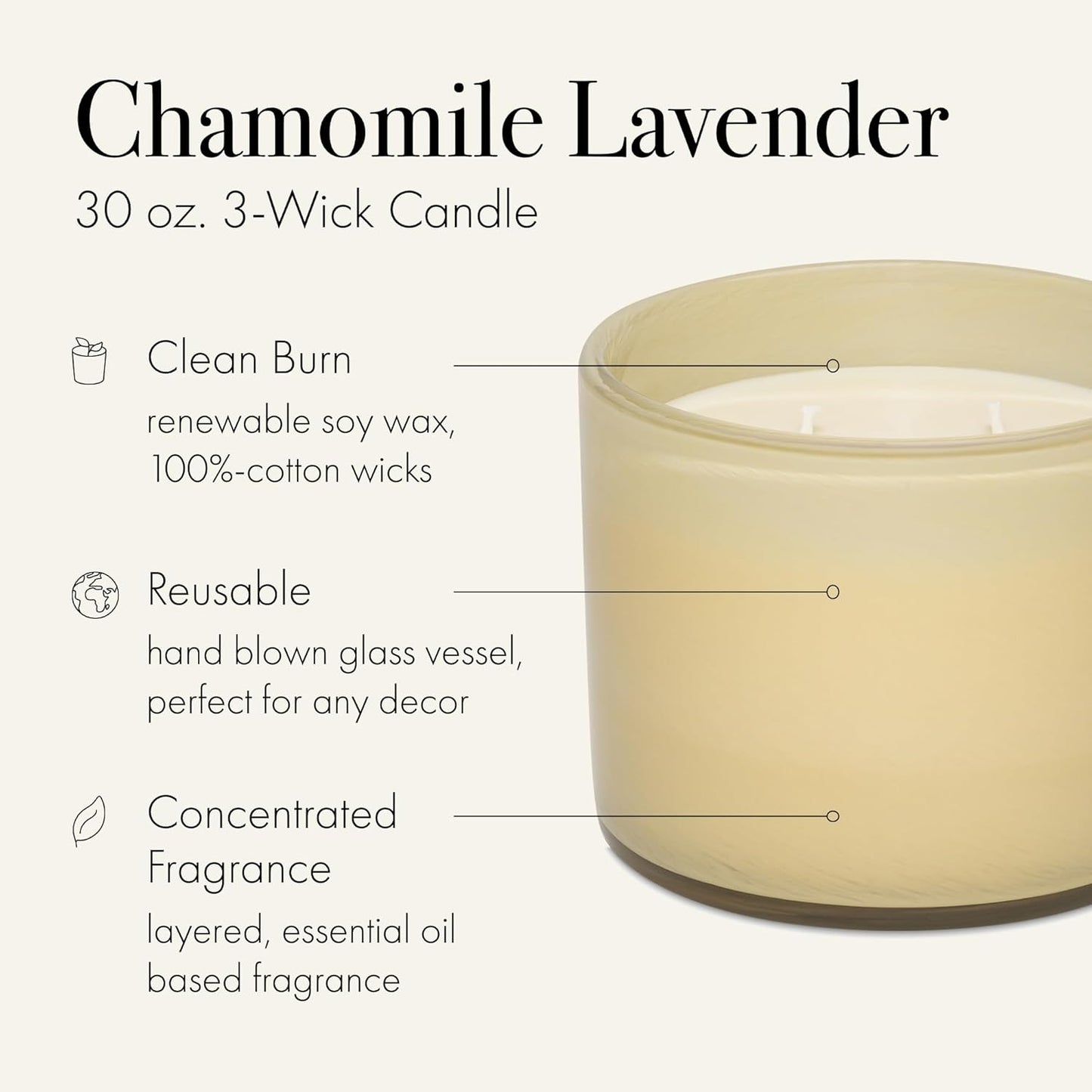 LAFCO New York 3-Wick Candle, Chamomile Lavender - 30 oz - 120-Hour Burn Time - Reusable, Hand Blown Glass Vessel - Made in The USA