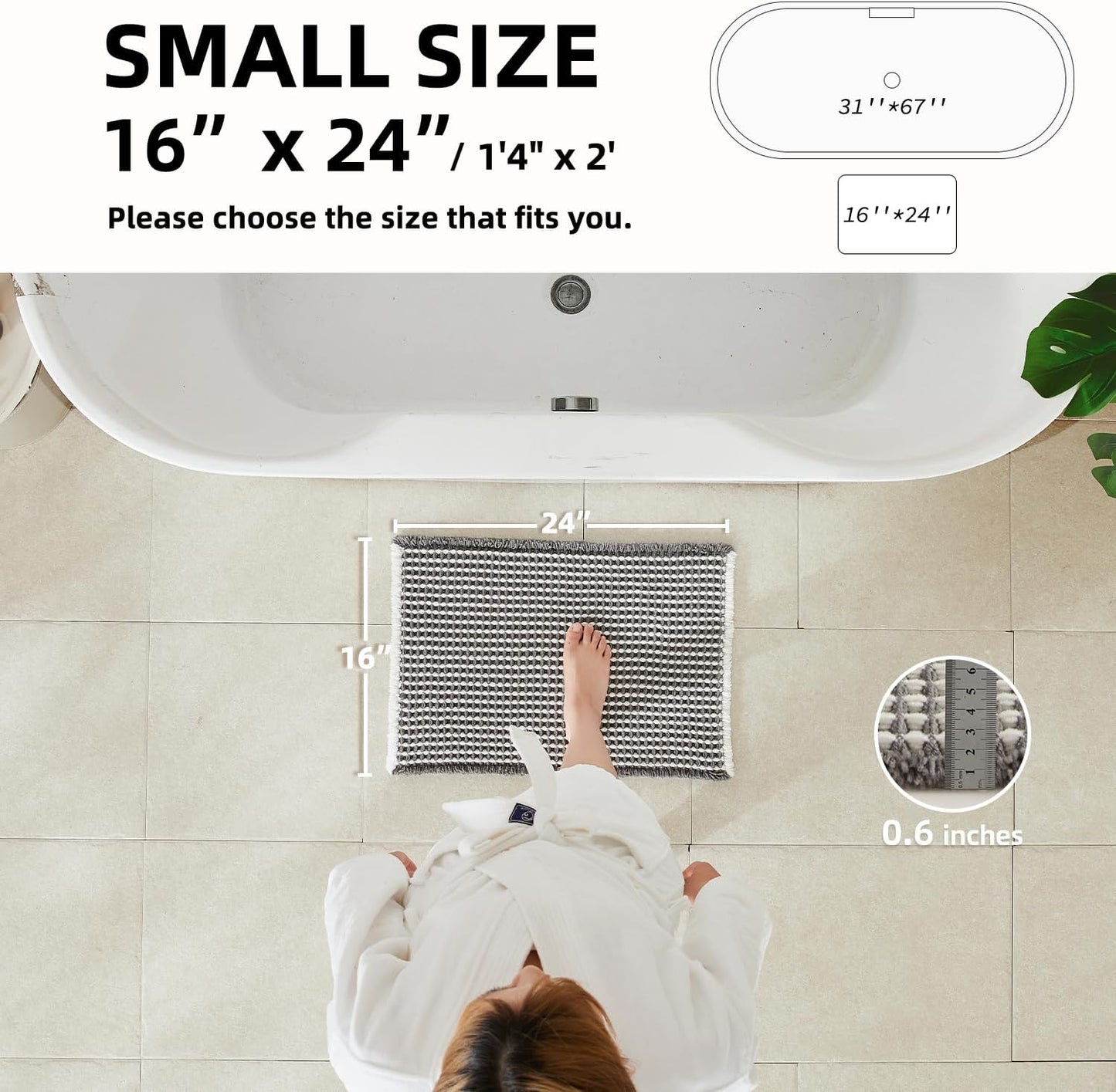 Waffle Bath Mat, Boho Bathroom Rugs Non Slip Washable Super Absorbent Quick Dry Bath Mat Farmhouse Bathroom Decor, 24"x16" Grey and White