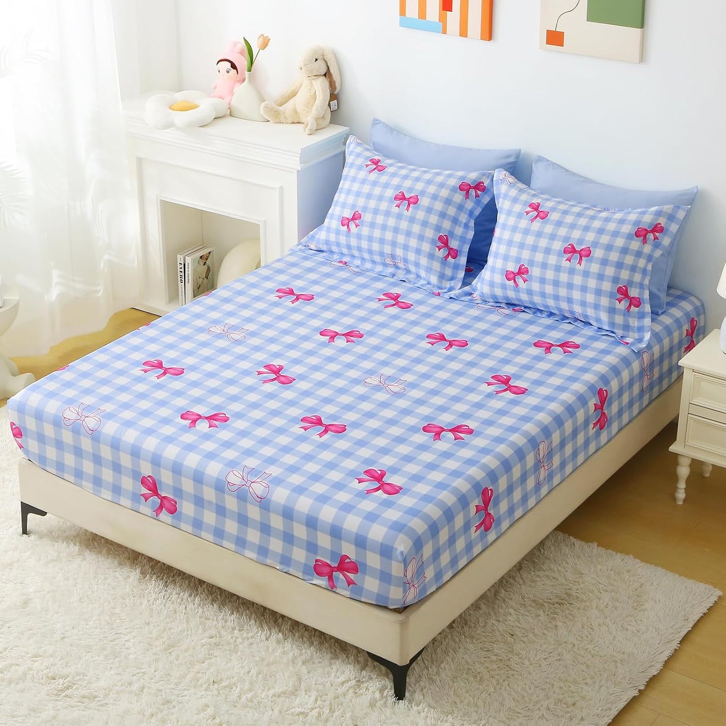 Wajade Bow Comforter Set 7 Piece Blue White Plaid Comforter Sets for Girls Kids Twin Size Checkered Bedding Set with Sheet and 2 Pillowcases 2 Pillow Shams Cute Girls Bed in a Bag as Birthday Choice