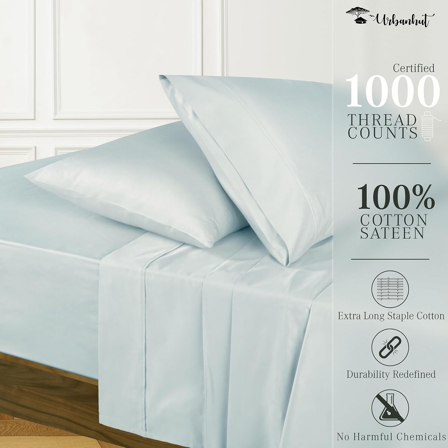 URBANHUT 1000 Thread Count King Sheet Set Egyptian Cotton, Long Staple Soft & Breathable, 4 Pc Bed Sheet Sets,Sateen Weave Luxury Hotel Sheets Fits 16" Deep Pocket - Light Blue