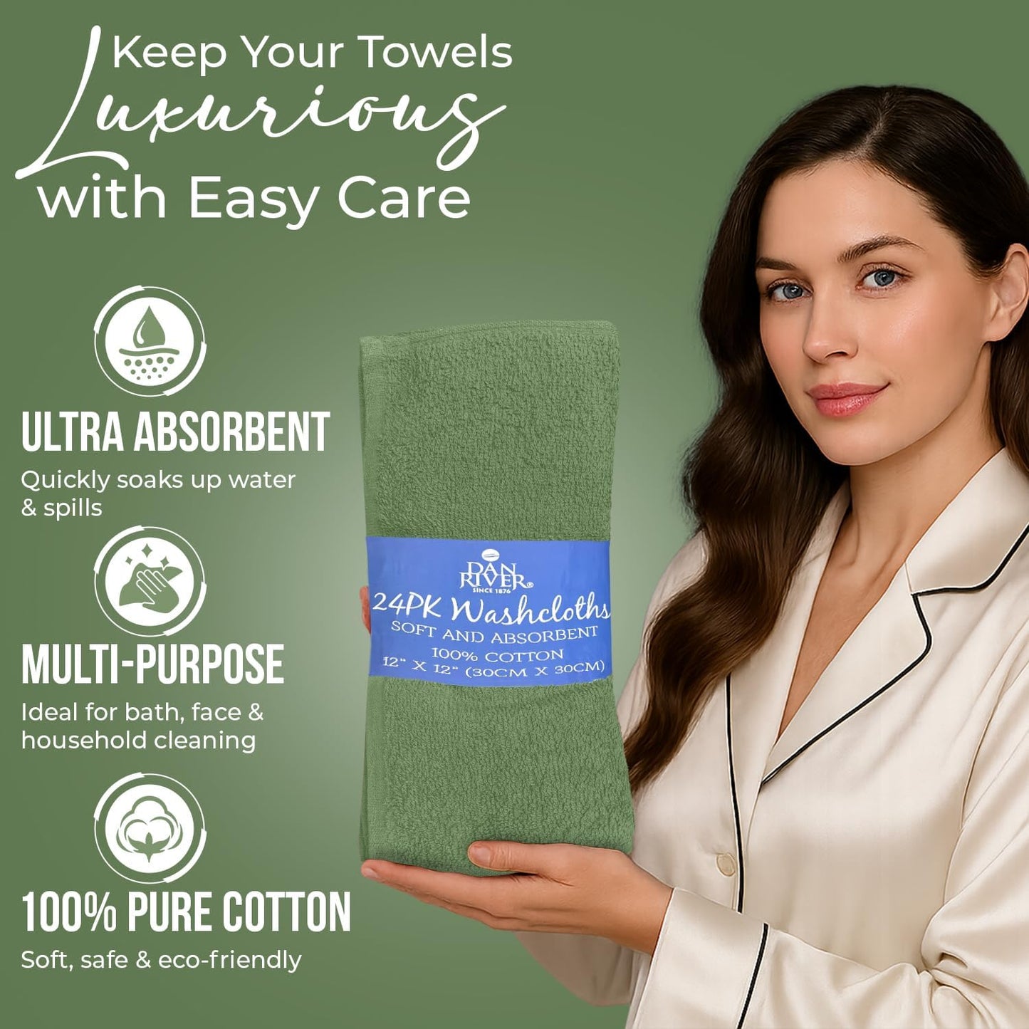 DAN RIVER 100% Cotton Wash Cloths 24 Pack [12x12] Soft & Absorbent washcloths for Showering, Gym, Hotels & Spa Perfect for Everyday Use Fingertip Towels, Sage Green