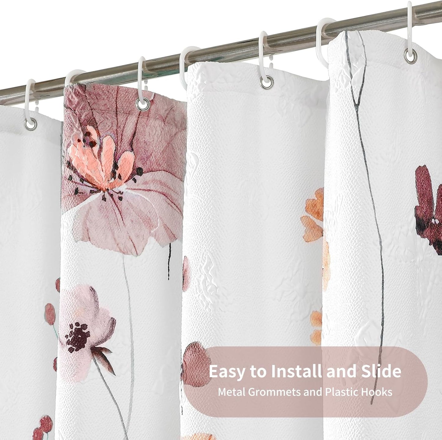 QiyI Extra Long Shower Curtain 72 x 84, Modern Watercolor Floral Shower Curtain, 3D Embossed Texture Pink Brown Flower Cloth Bathroom Curtain, Waterproof Fabric Farmhouse Bath Curtain Set with Hooks