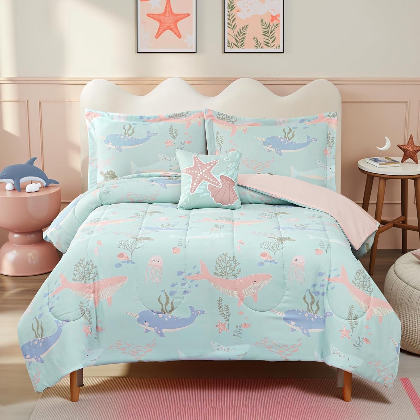 Glow in The Dark Kids Comforter Set Full Size for Girls, Ocean Animals Bedding Set 1 Comforter, 1 Decor Pillow, 2 Pillow Shams