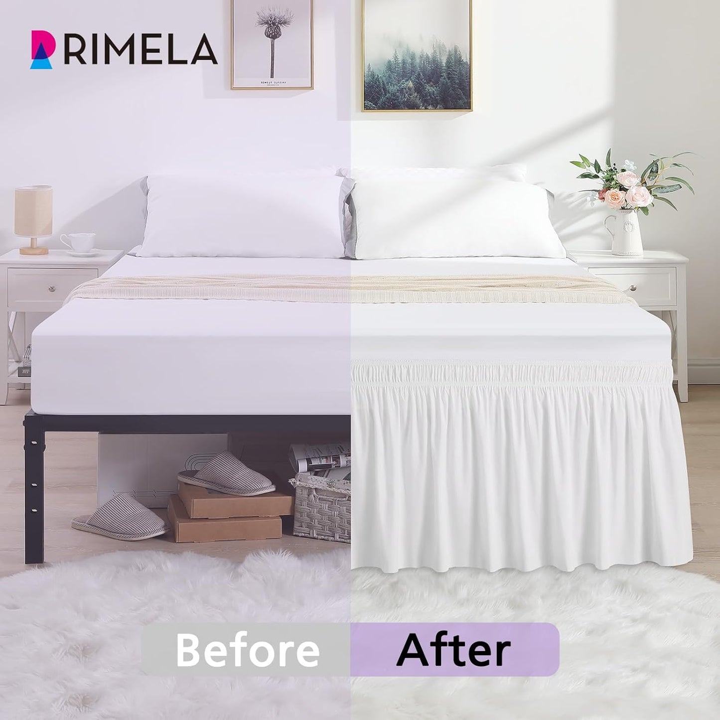 RIMELA White King Size Bed Skirt 12 Inch Drop, Elastic Bed Skirts Cal King Dust Ruffle, White Bedskirt for Adjustable Bed Base Solid Fade Resistant Silky Fabric Machine Washable Easy to Install
