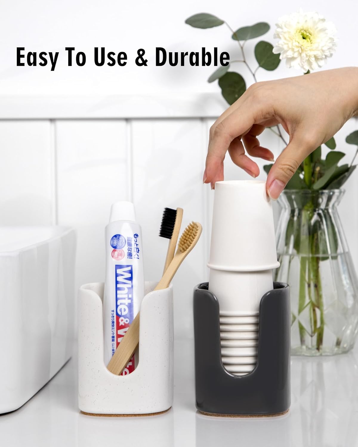 5 oz Square Ceramic Bathroom Cup Dispenser for Kids and Pregnancy - Disposable Paper Cup Holder for Mouthwash Cups on Bathroom Vanity Countertop (1 Pack, Grey)