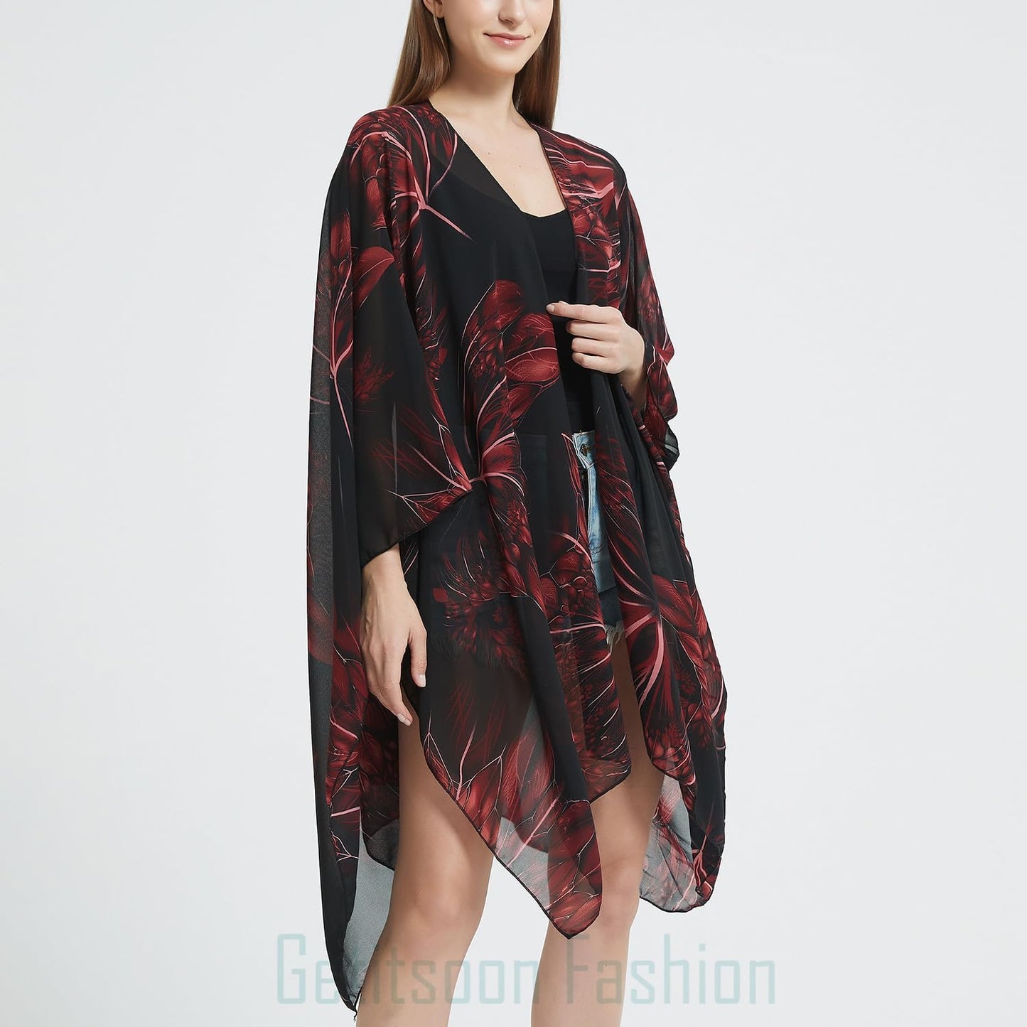 Women's Bohemian Floral Chiffon Beach Cover up Swimsuit Kimono Summer Swimwear Cardigans