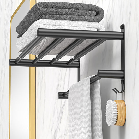 Black Adjustable Towel Bar for Bathroom Wall Mount17-30.7inch Adhesive Shower Towel Rack Stainless Steel Bath Towel Holders for Toilet Kitchen Double Towel Hanger (Black 2-Layer Towel Rack)