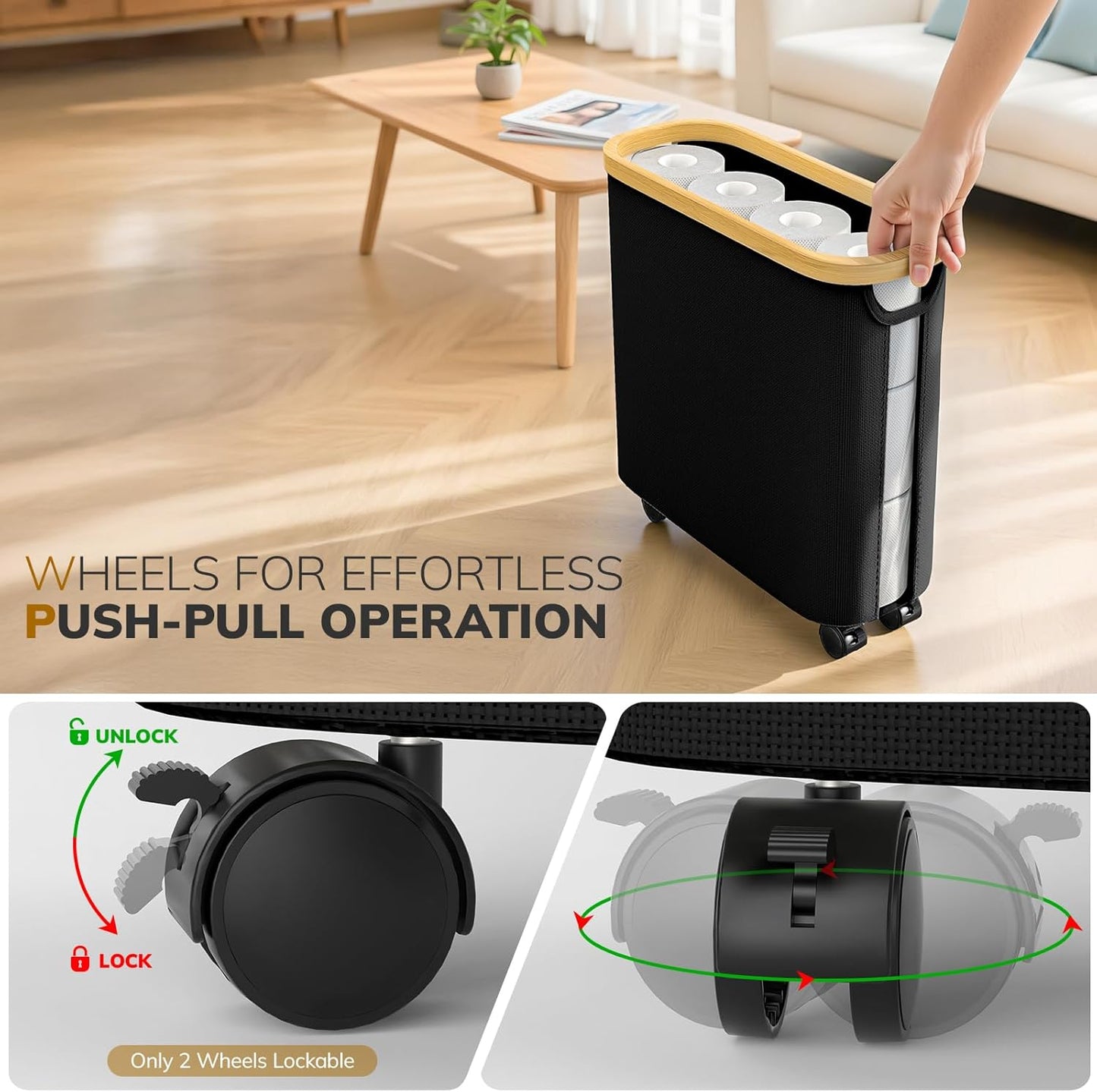Toilet Paper Storage with Wheel Bamboo Toilet Paper Holder with Lid and Handle Toilet Papers Organizer for Bathroom Free Standing 30L Papers Basket for 9-12 Rolls Bathroom Accessories, Black