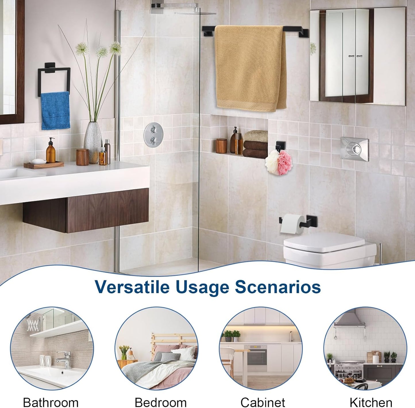 15 Pieces Bathroom Hardware Set, Matte Black Bathroom Accessories Set, Towel Racks for Bathroom, 23.6 Inch Bath Towel Bar Set Stainless Steel, Toilet Paper Holder Wall Mounted, Towel Ring, Towel Hook