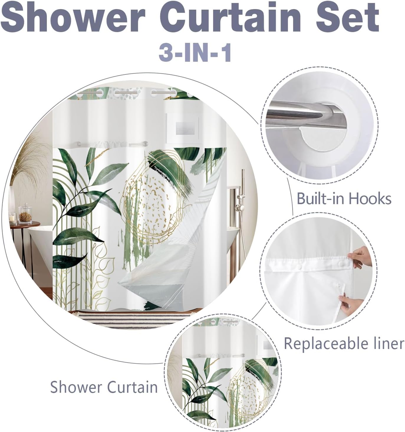 Boho Shower Curtain No Hooks with Snap in Fabric Liner Set,Modern Boho Shower Curtains Hotel Bathroom Decor,with See Through Top Window,Green Botanical Sage Fabric Waterproof Shower Curtain,71W x 74H