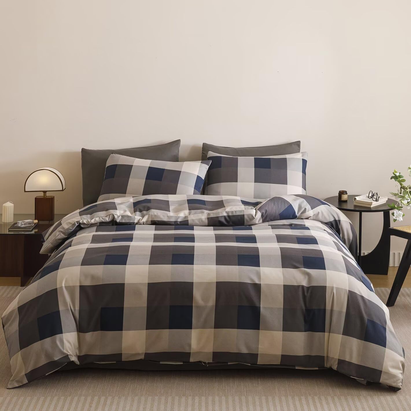 Cottonight Checkered Navy Comforter Set King Men Gingham Grid Bedding Set Navy and Khaki Grid Comforter Fluffy Soft Blanket Quilts Modern Cottagecore Comforter with 2 Pillowcases for King Bed