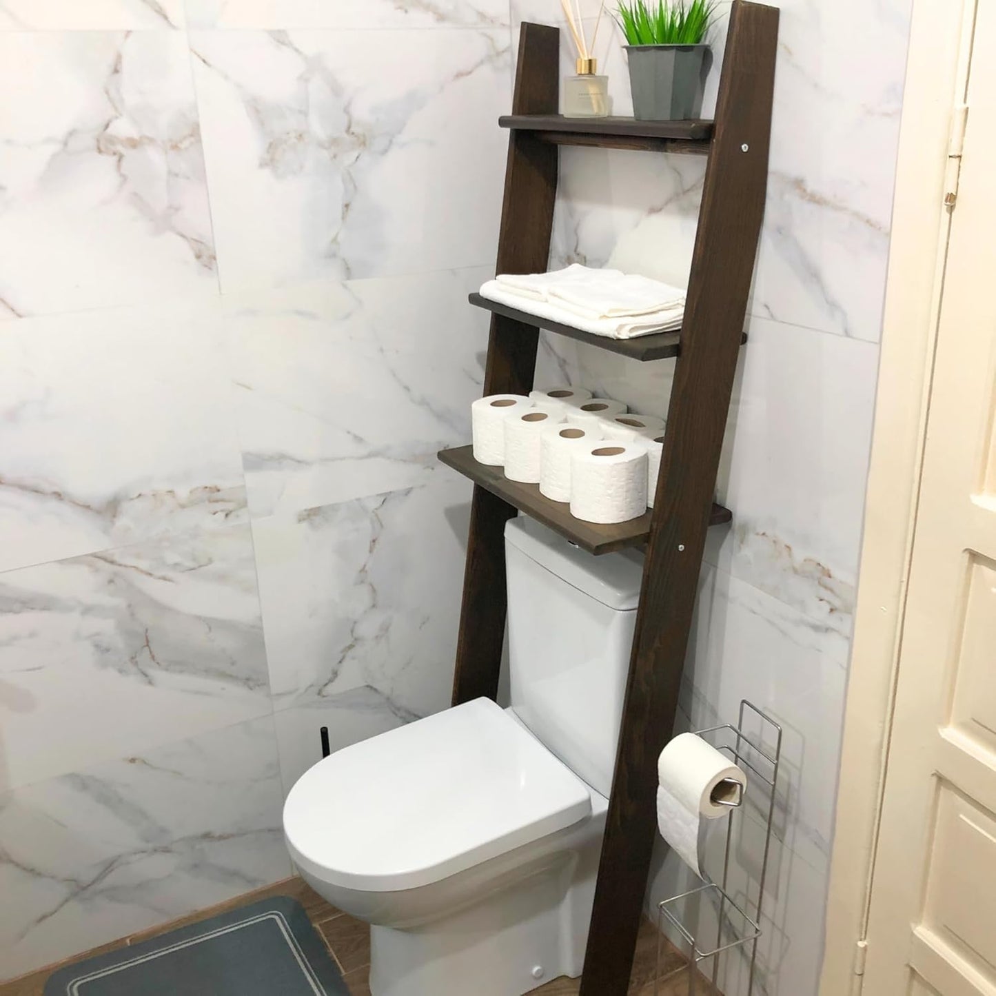 Over The Toilet Birch Wood Bathroom Organizer Shelves, 3-Tier Freestanding Above Toilet Storage Ladder Shelf, Standing Space Saver Behind Toilet Small Bathroom Organizer (Walnut)