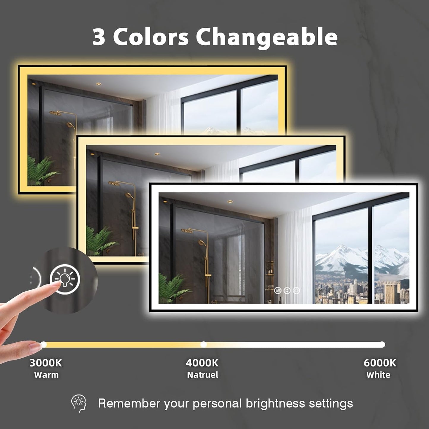 84x40 Large Light up Bathroom Mirror, Wall-Mounted LED Vanity Mirrors, Black Trim and Double Lights, 3 Colors and Stepless Dimming, Anti-Fog, Memory, Shatterproof (Horizontal/Vertical)