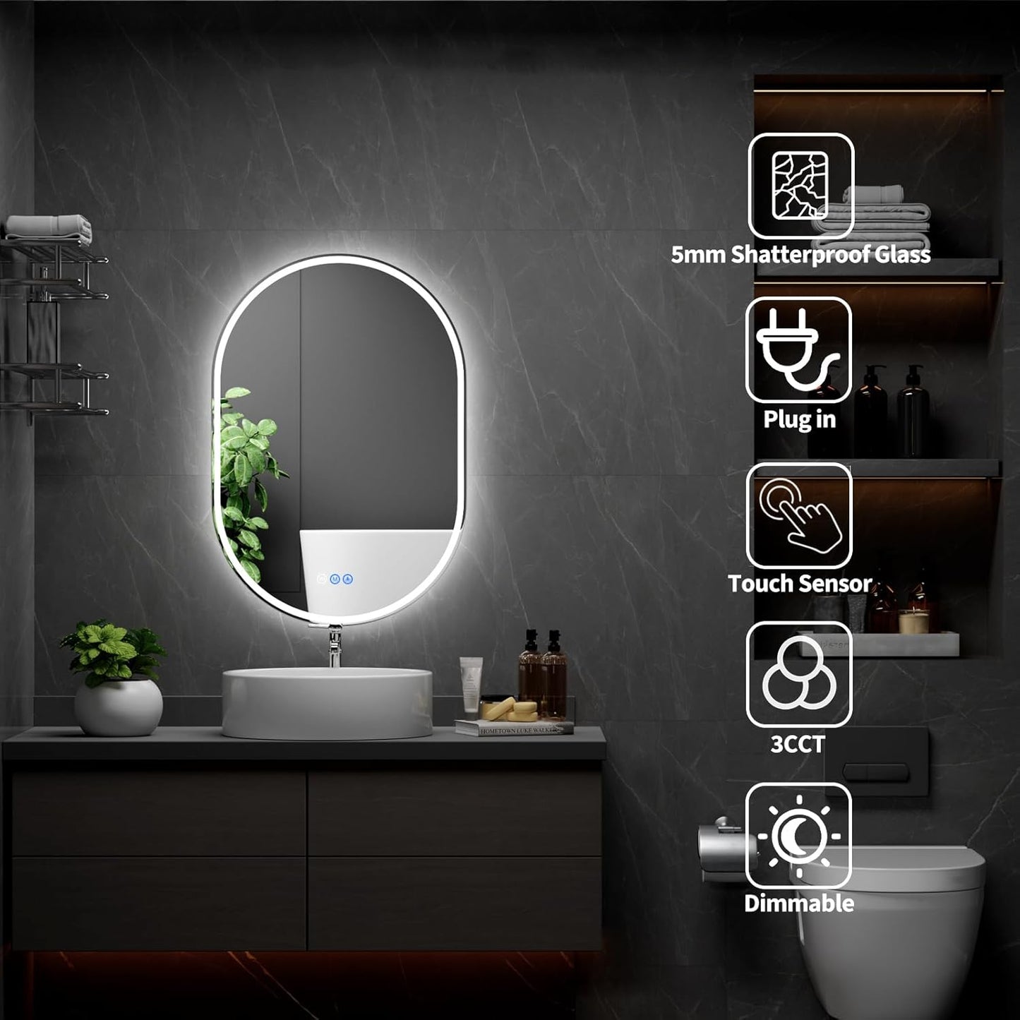 Bathroom Mirror 26"x38" LED Bathroom Mirror with Lights, Anti-Fog, Dimmable Oval Mirrors with Front Light and Backlit, Modern Farmhouse Wall Mounted Mirror for Decorative