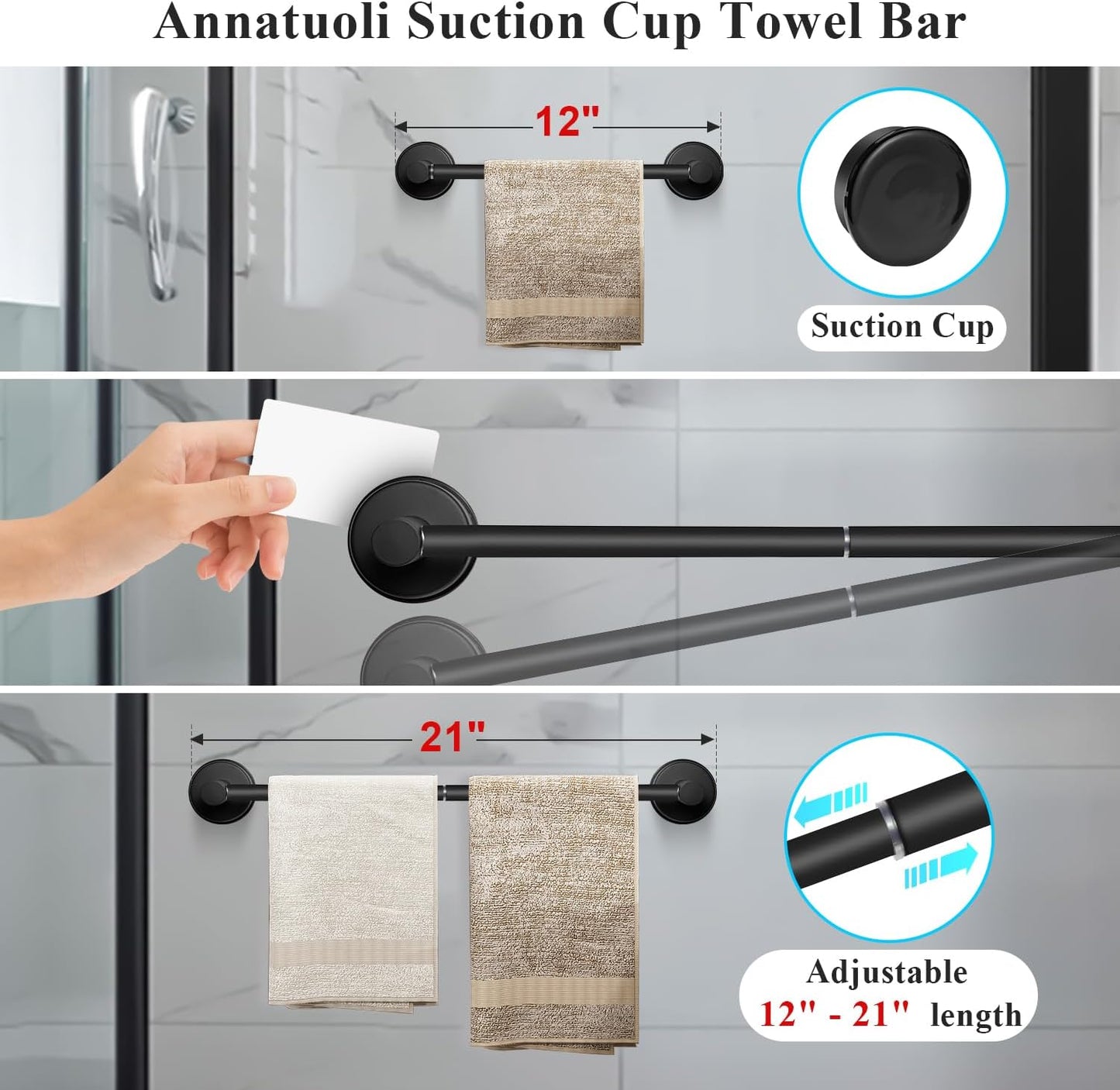 5 Piece Suction Cup Bathroom Accessories Set, Adjustable 12-21 Inches Suction Cup Towel Bar Towel Racks, Robe Towel Hooks Toilet Paper Holder for Glass Shower Door Bathroom Matte Black