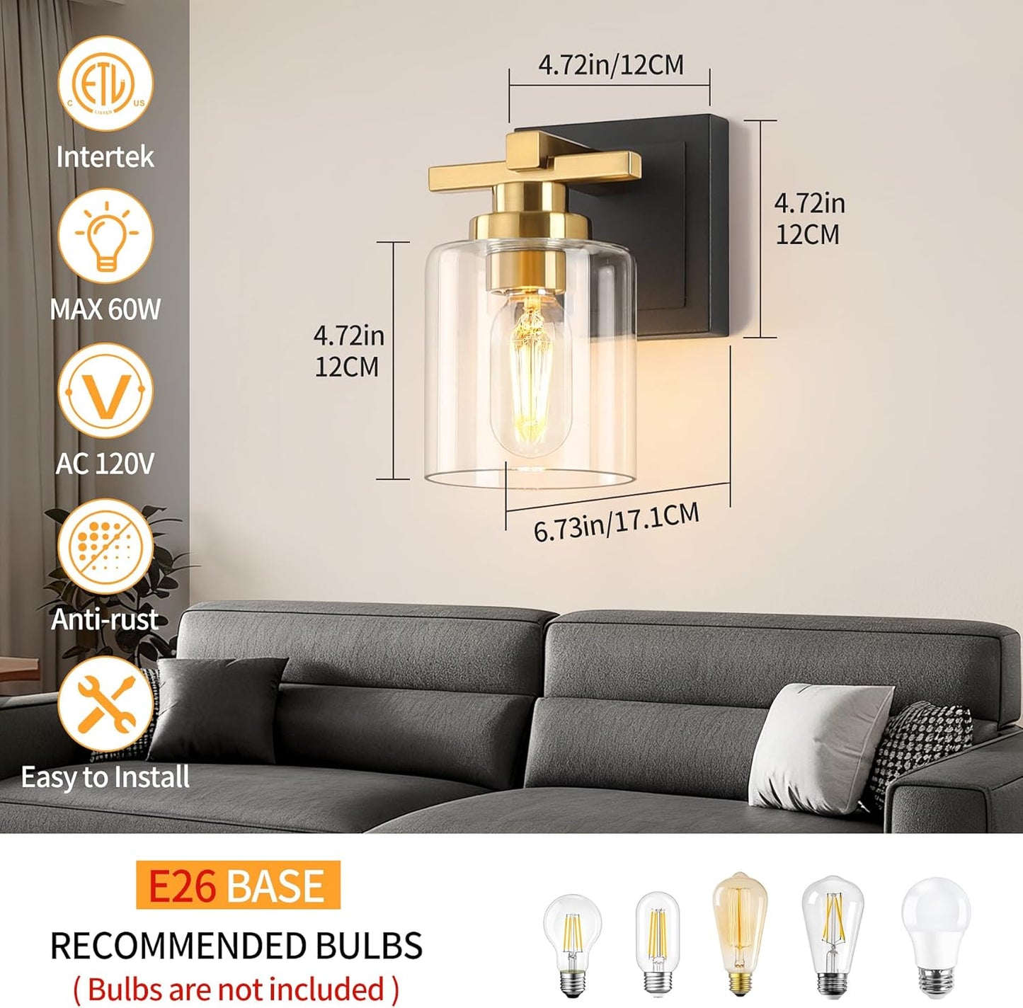 1 Light Modern Bathroom Light Fixtures Over Mirror, Black Gold Vanity Lights for Bathroom Wall Sconces with Clear Glass Shades, E26 Socket (Bulbs Not Included)
