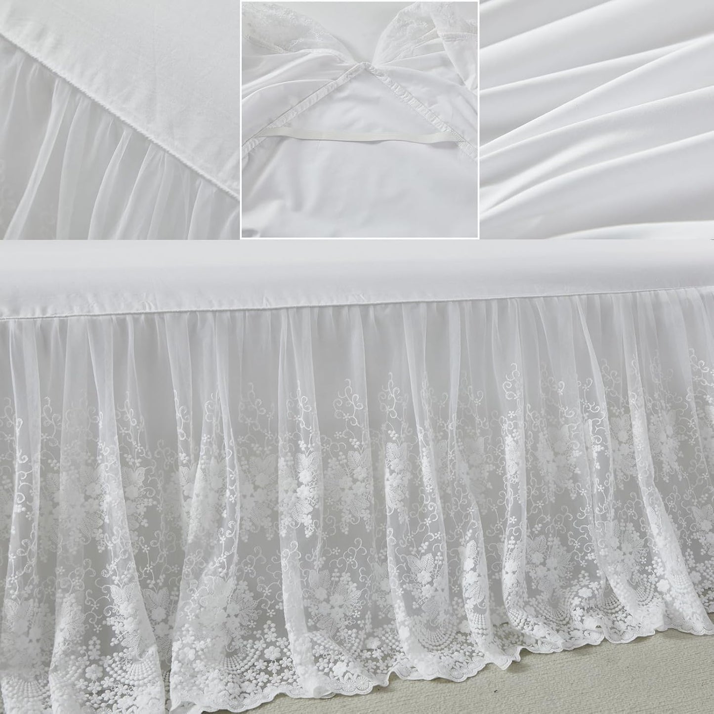 Brandream Lace Bed Skirt Queen Size White 18 Inch Drop Romantic Dust Ruffle Split Corners Bed Sheets Cover Excellent Quality