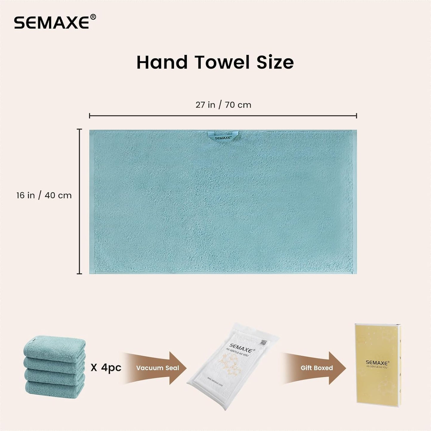 SEMAXE Bathroom Hand Towel, 100% Cotton Towels with Hanging Loops, Hotel Spa Quality Highly Absorbent Towel Set of 4, 27" L x 16" W, Blue Hand Towel, Gift Box Packaging