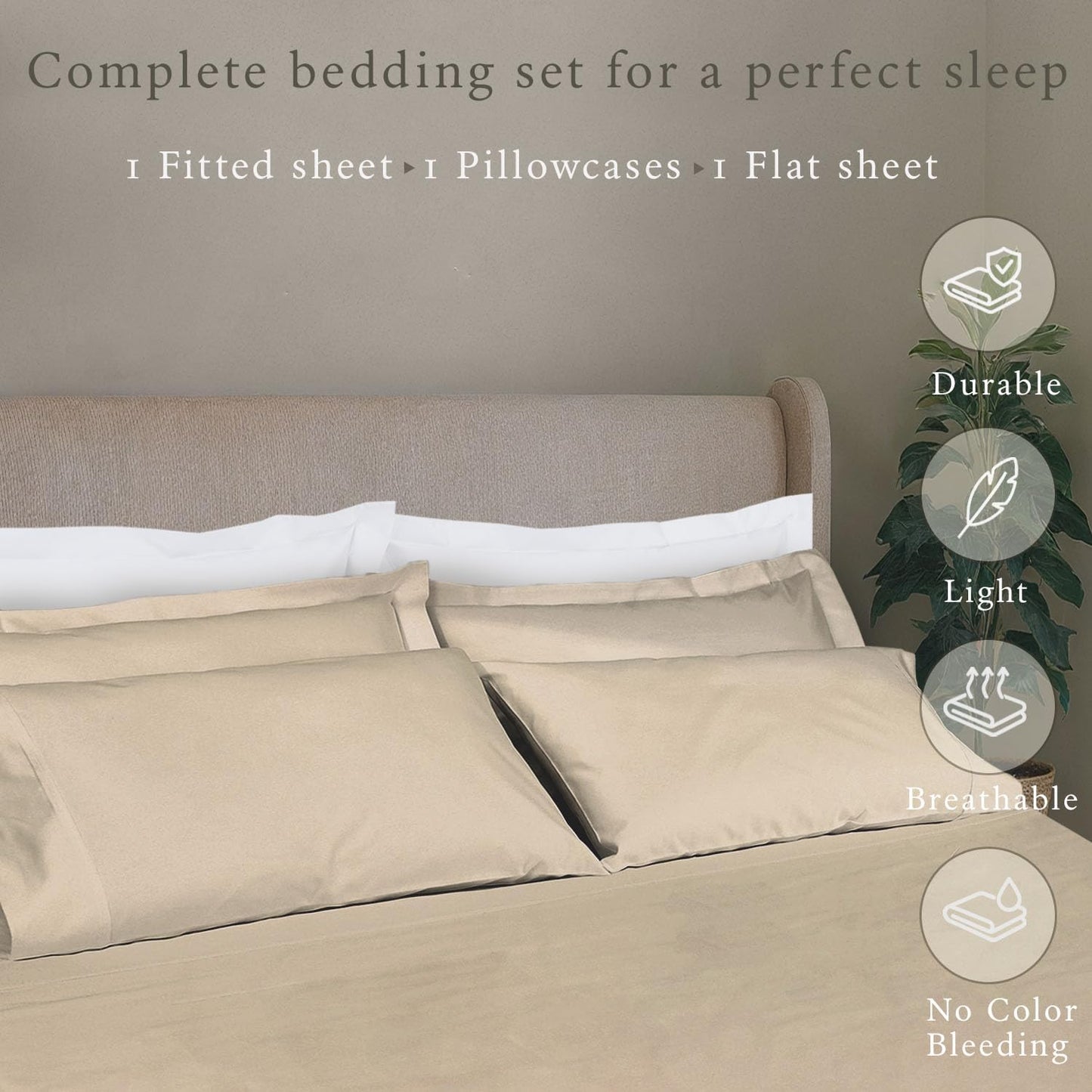 Threadmill - Twin XL Sheets Set Soft 100% Cotton Cooling Sheets Deep Pocket Snug Fit Elastic, 500 Thread Count, 3-Pc, Hotel Quality Bed Sheets, Beats Egyptian Cotton Claim (Beige)
