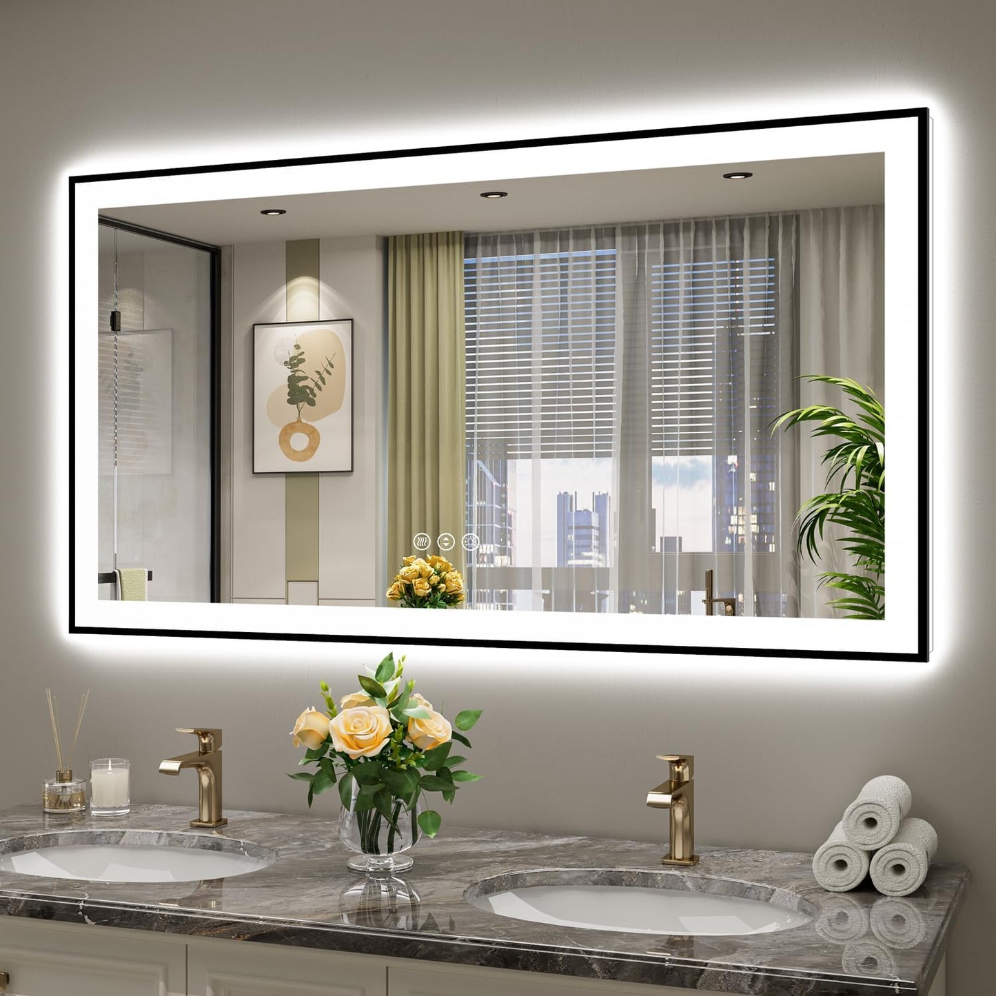 55x30 Inch LED Bathroom Mirror with Lights (Front Lit and Backlit) Black Framed Lighted Vanity Mirror for Bathroom Wall Dimmable Anti-Fog Memory Tempered Glass Horizontal/Vertical