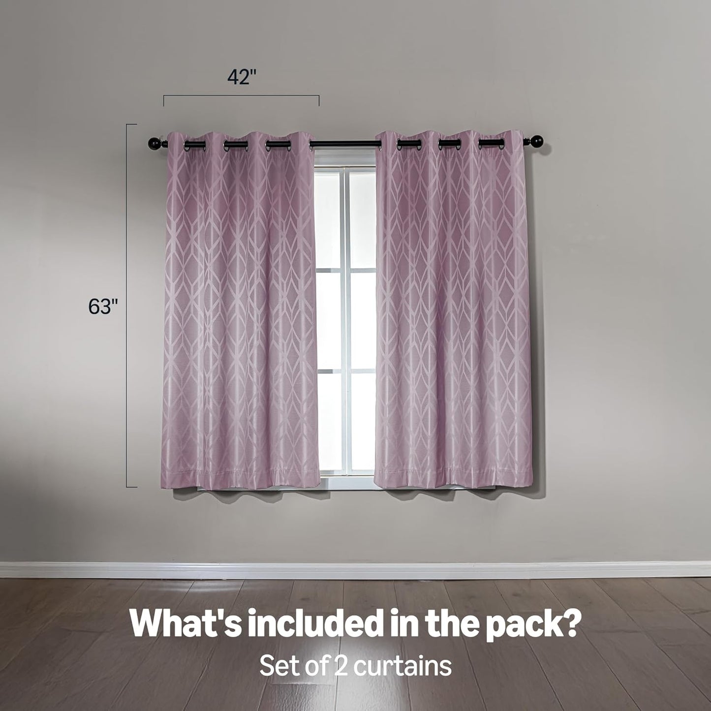 Amazon Basics Jacquard 2-Piece 100% Blackout Curtains, Living Room and Bedroom Drapes, Thermal Insulated Window Treatment, 42"x63", Pink