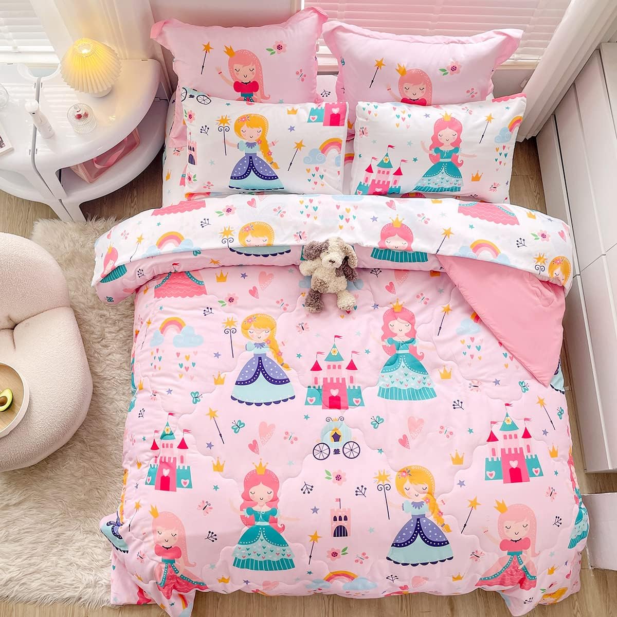 Wajade Kids Pink Princess Comforter Set Bed in a Bag Twin Size 7 Piece Princess Fairy Tales Castle Bedding Set for Girls (1 Comforter, 1 Flat Sheet, 1 Fitted Sheet, 2 Pillowcase and 2 Pillow Sham)