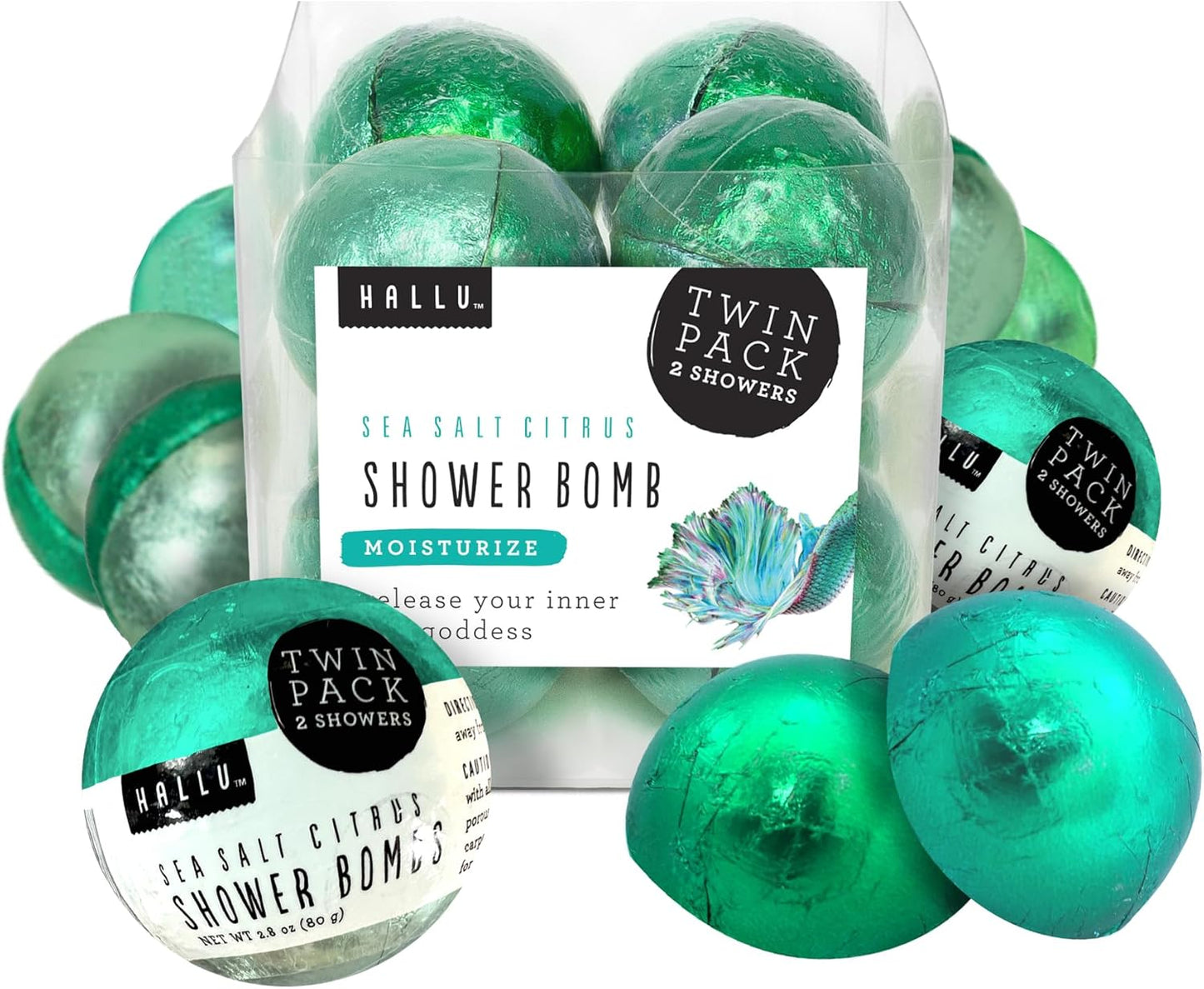 Hallu Mermaid Shower Bomb, Sea Salt Citrus Scent Shower Steamer, 80 g Each, 8 Packs of 2 (16 Total)