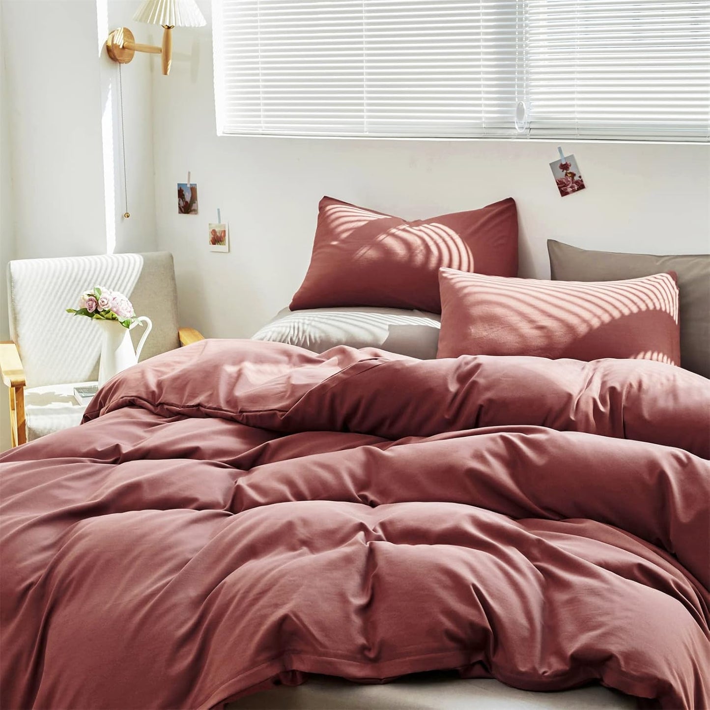 Cottonight Brick Red Comforter Set King Marroon Bedding Comforter Set Solid Modern Cotton Blackish Red Blanket Quilts Soft Simple Modern Breathable 3 Piece Hotel Quality Comforter Set for Women Men
