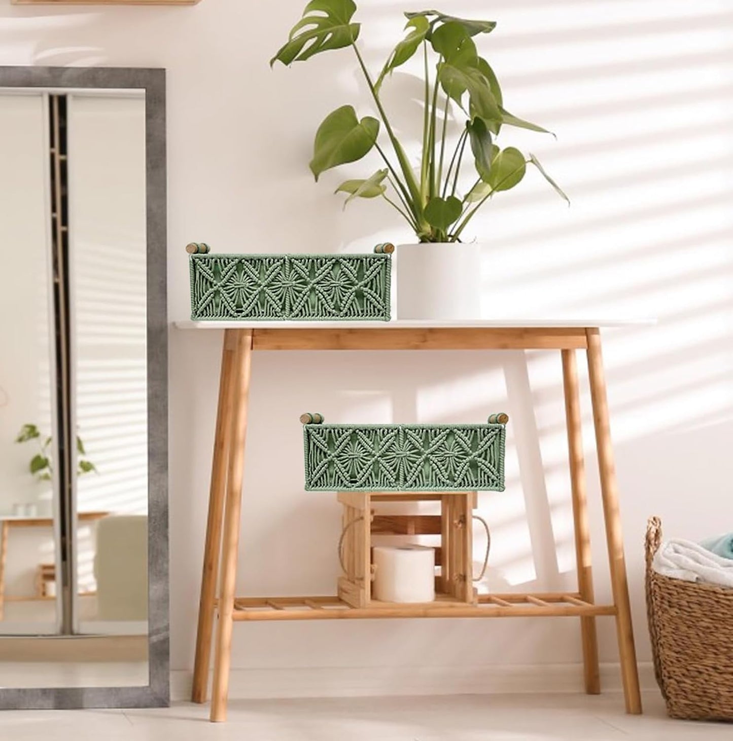 HOSROOME Macrame Boho Decor Baskets for Organizing Woven Decorative Basket for Countertop Toilet Paper Basket for Tank Top for Home Decor Bedroom Nursery Livingroom Entryway (Set of 2,Green)