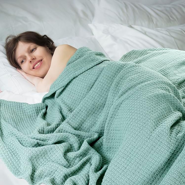 HILLFAIR 100% Soft Premium Combed Cotton Thermal King Blankets – Soft Cozy Warm Cotton Blanket– Bed Throw Blanket– King Bed Blankets– All Season Blanket– Sage